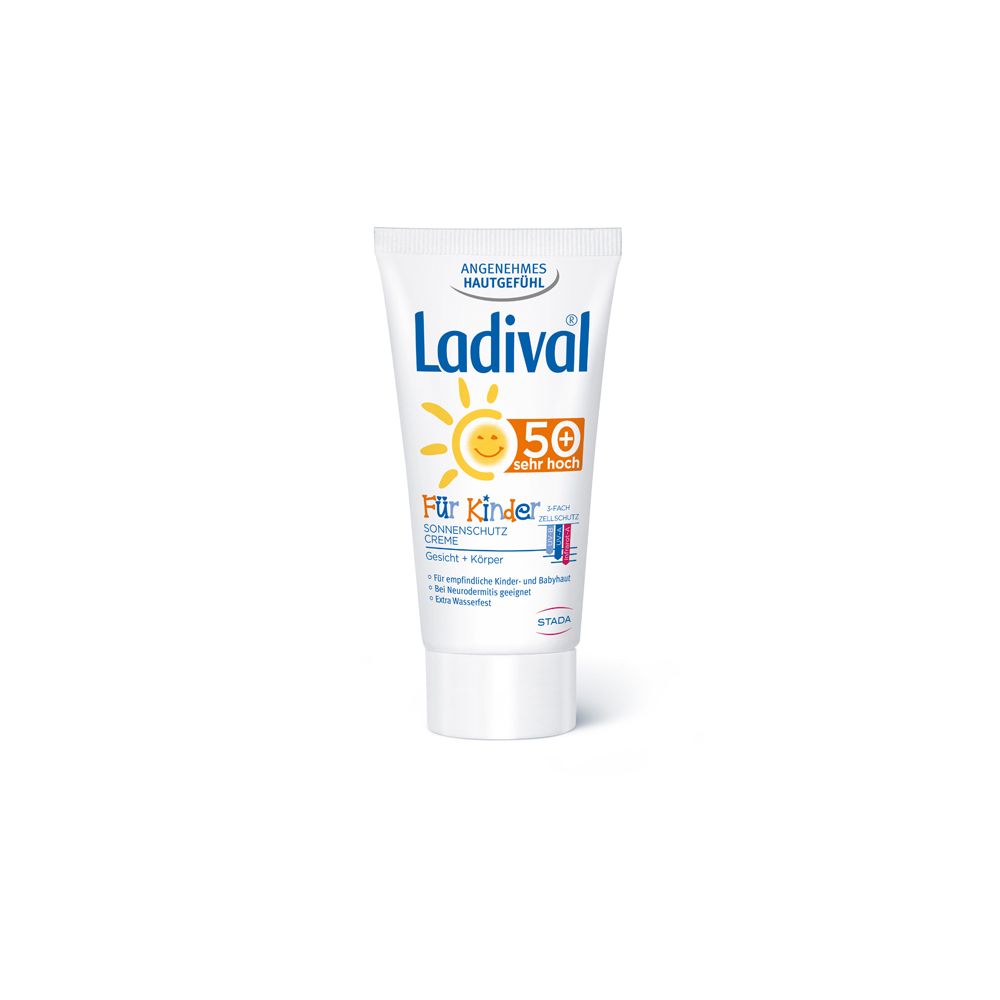 Ladival® Sonnenschutz Creme für Kinder LSF 50+ in Tube. Weiß, mit gelbem Deckel. Aufschrift: Für Kinder, 50 sehr hoch.