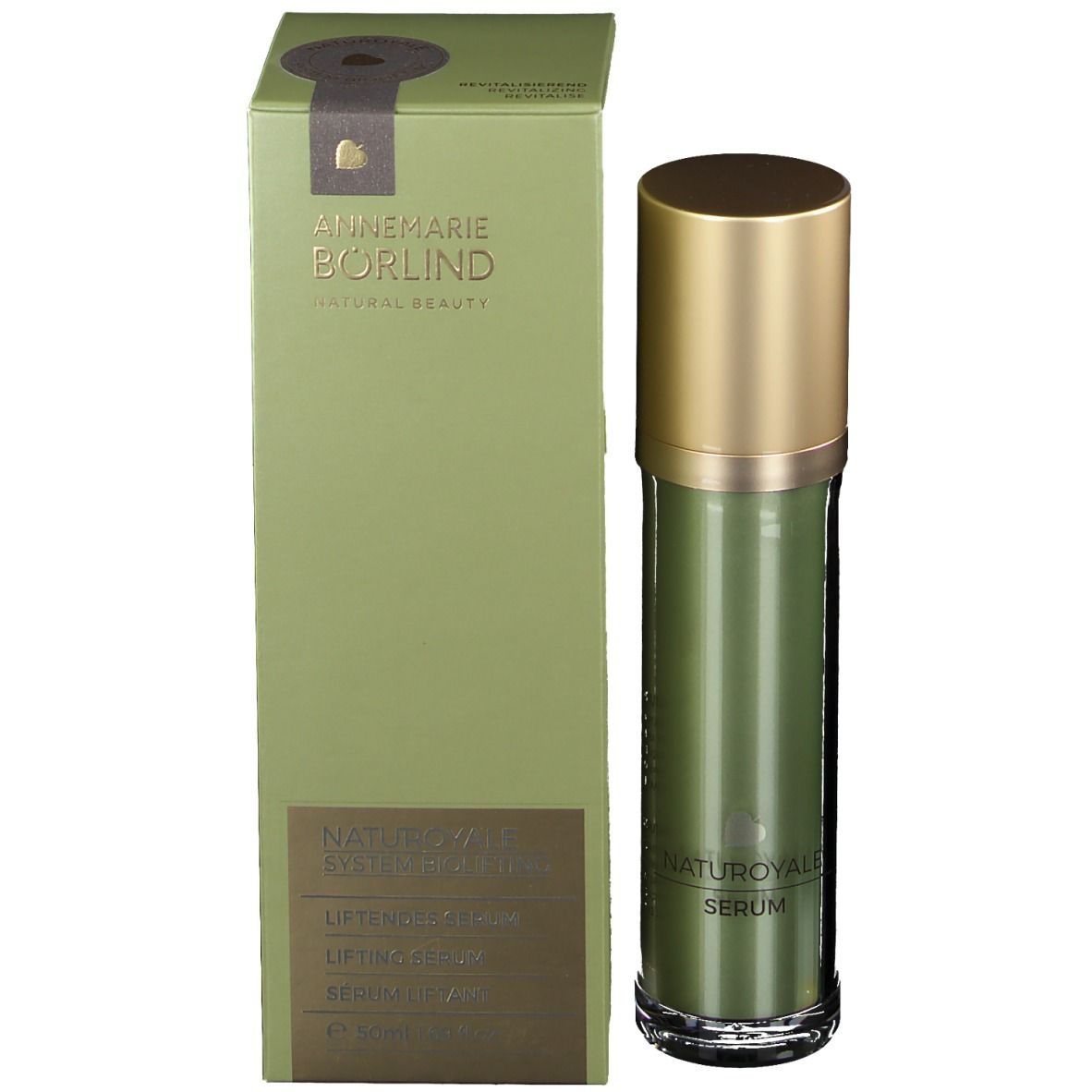Grüne Schachtel und Serumflasche. Aufschrift: ANNEMARIE BÖRLIND NATURAL BEAUTY, NATUROYALE SERUM.