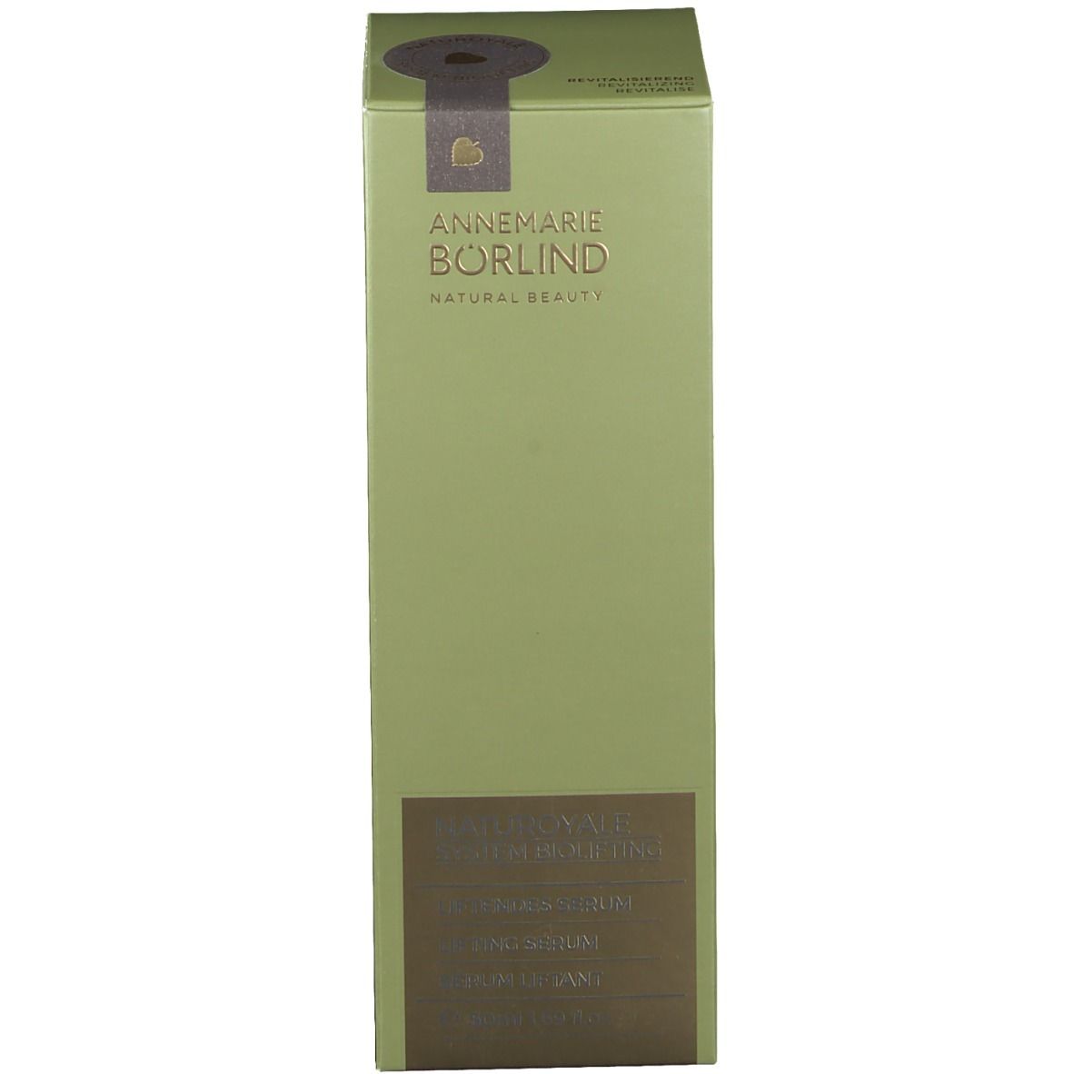 Grüne Schachtel. Aufschrift: ANNEMARIE BÖRLIND NATURAL BEAUTY, NATUROYALE SYSTEM BIOLIFTING SERUM.
