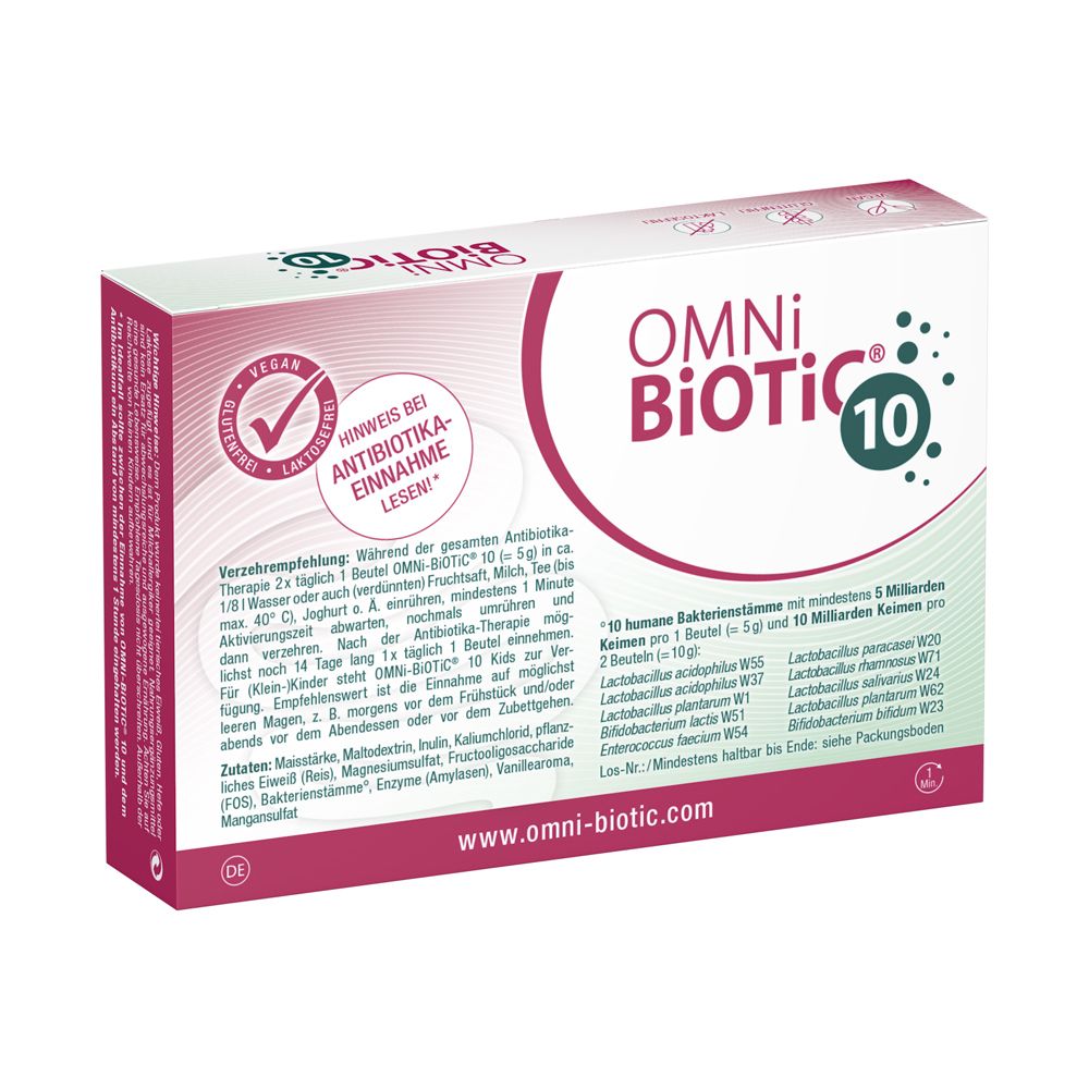 Rückseite der OMNi-BiOTiC® 10 Packung. Zeigt Anwendungshinweise und Inhaltsstoffe. Enthält 10 Portionsbeutel à 5g.