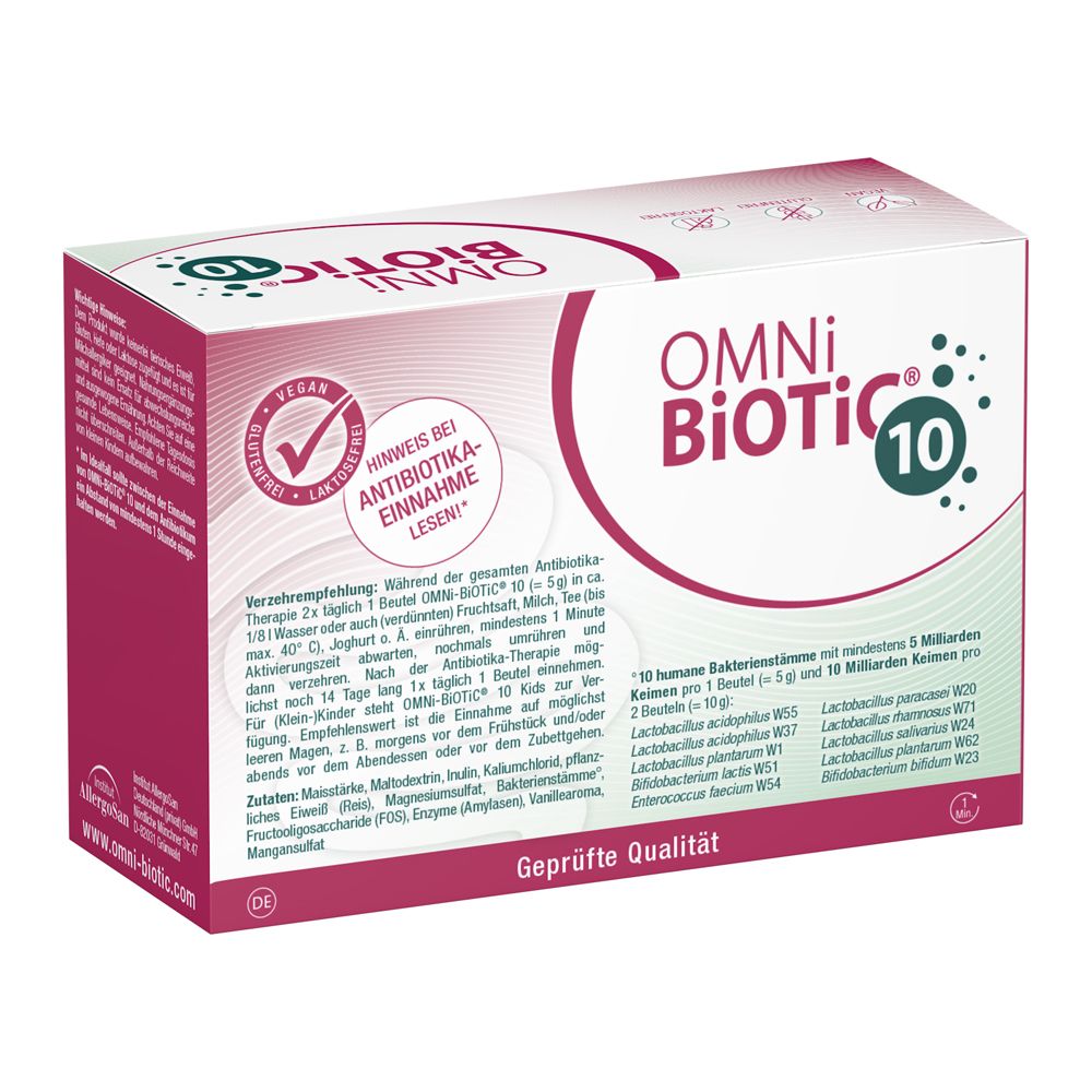 Rückseite der OMNi-BiOTiC® 10 Packung mit 20 Portionenbeutel à 5g. Enthält 10 Bakterienstämme. Wissenschaftlich geprüft.