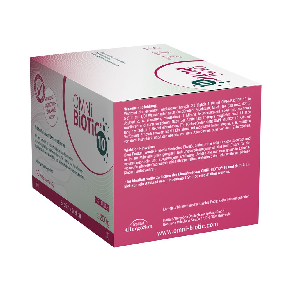 Rückseite der OMNi-BiOTiC® 10 Packung mit Anwendungshinweisen und Herstellerinformationen. 40 Portionsbeutel à 5g.