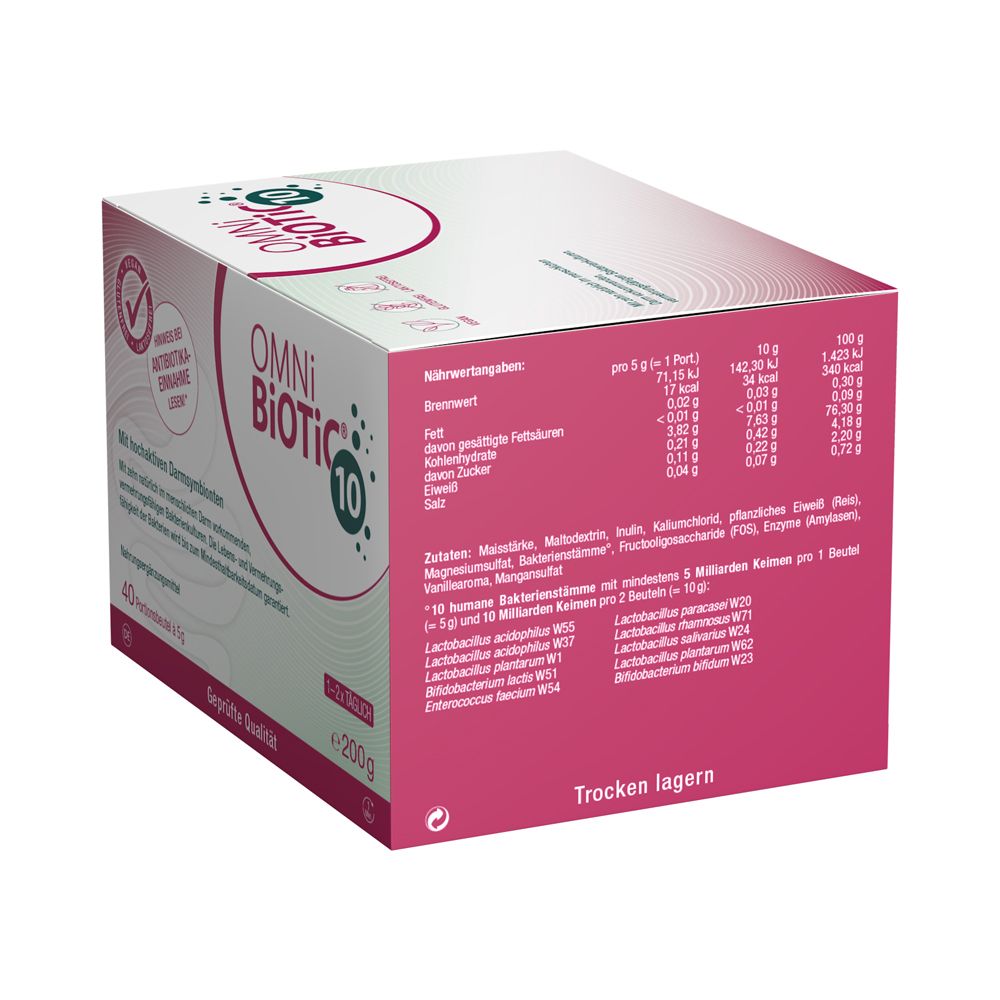 Seitenansicht der OMNi-BiOTiC® 10 Packung mit Nährwertangaben und Inhaltsstoffen. 40 Portionsbeutel à 5g.