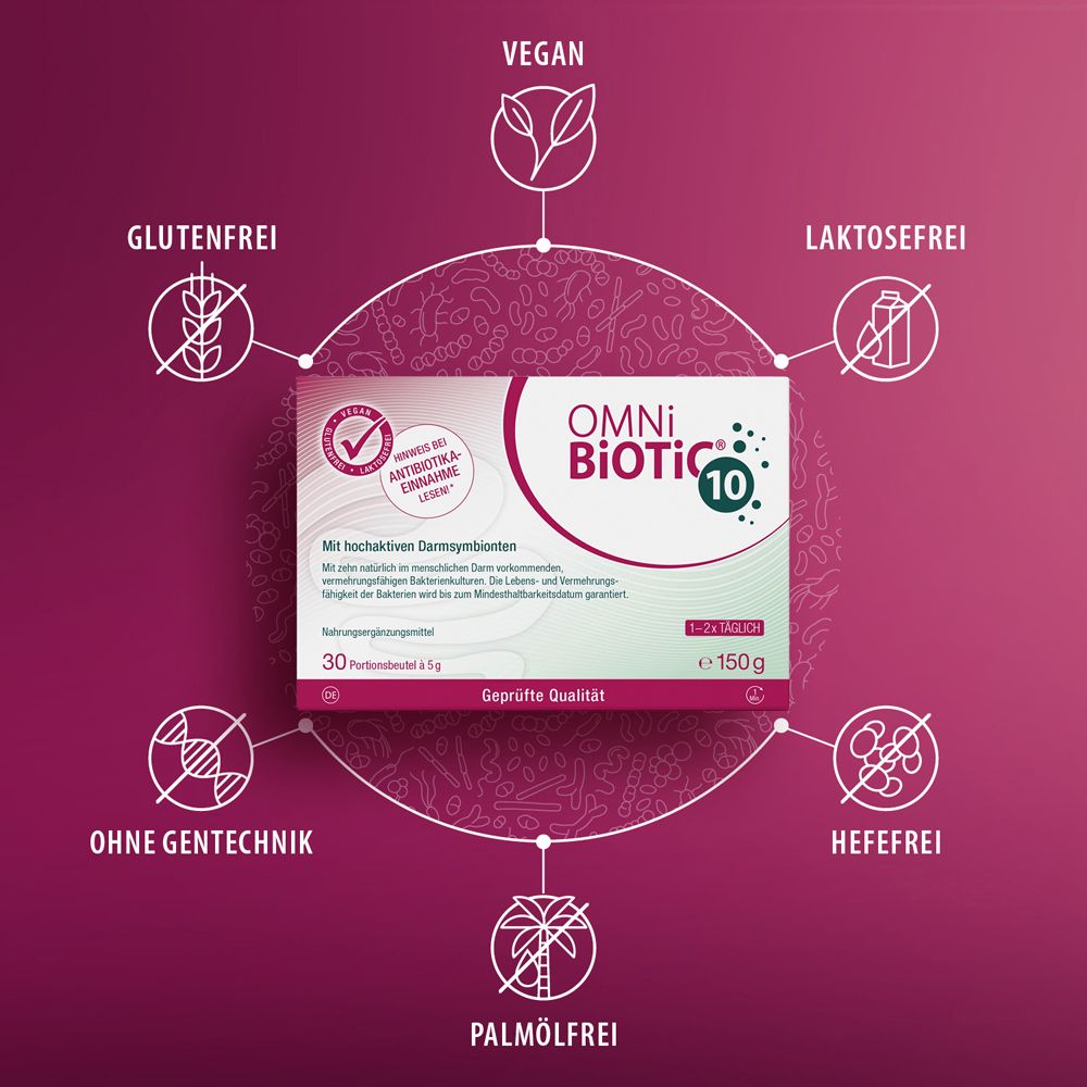 OMNi-BiOTiC® 10 Packung im Zentrum, umgeben von Symbolen für Vegan, Laktosefrei, Glutenfrei, Ohne Gentechnik, Palmfrei, Hefefrei.