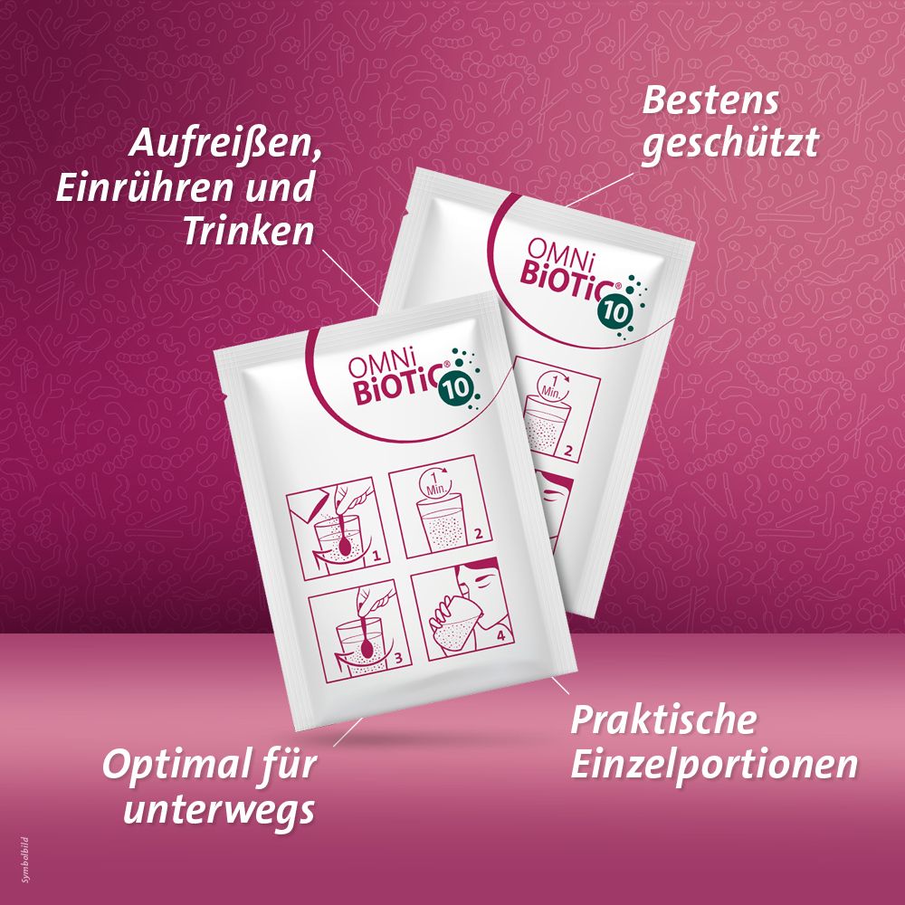 Zwei OMNi-BiOTiC® 10 Portionsbeutel mit Zubereitungsschritten. "Praktische Einzelportionen", "Optimal für unterwegs".