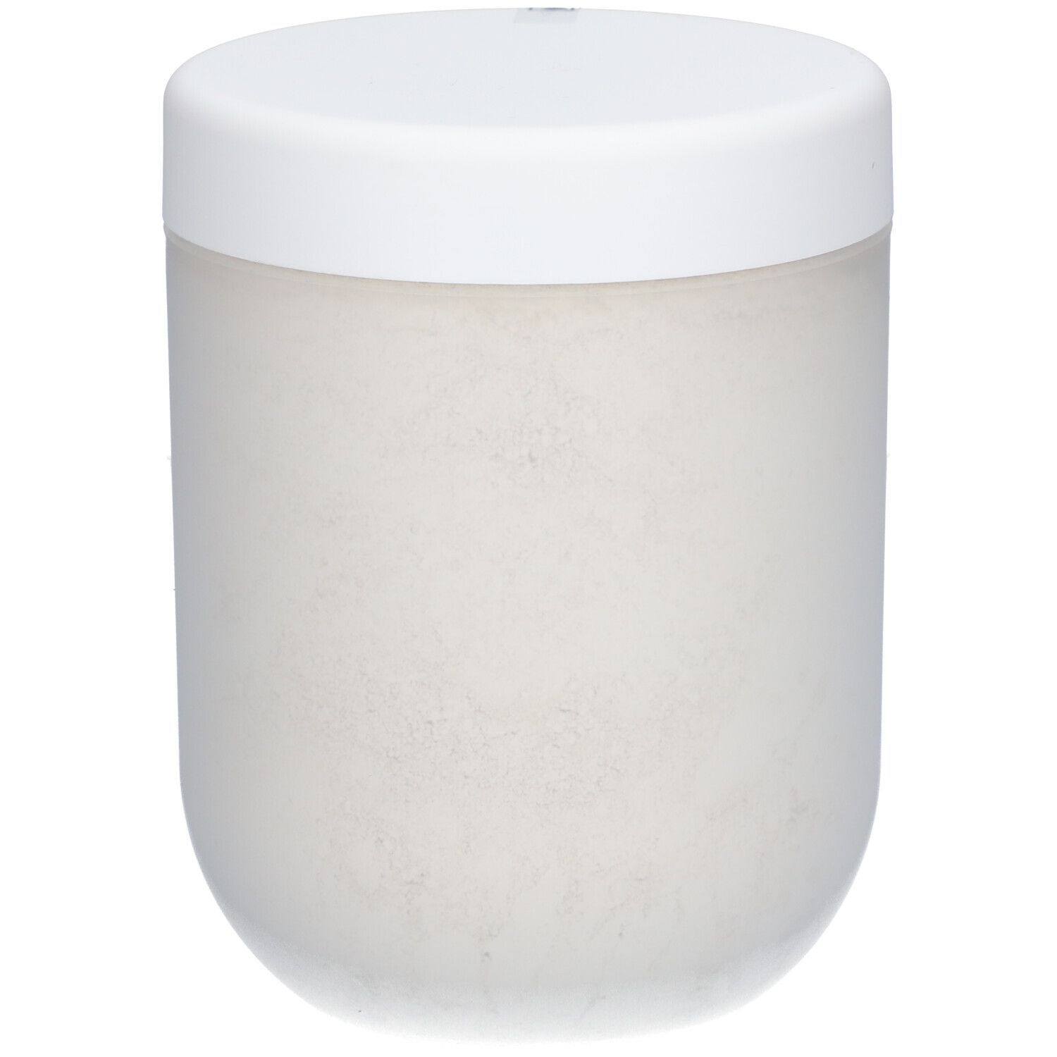 Weißer, zylindrischer Behälter mit Deckel. Enthält feines, weißes Pulver. Deckel und Behälter sind weiß.
