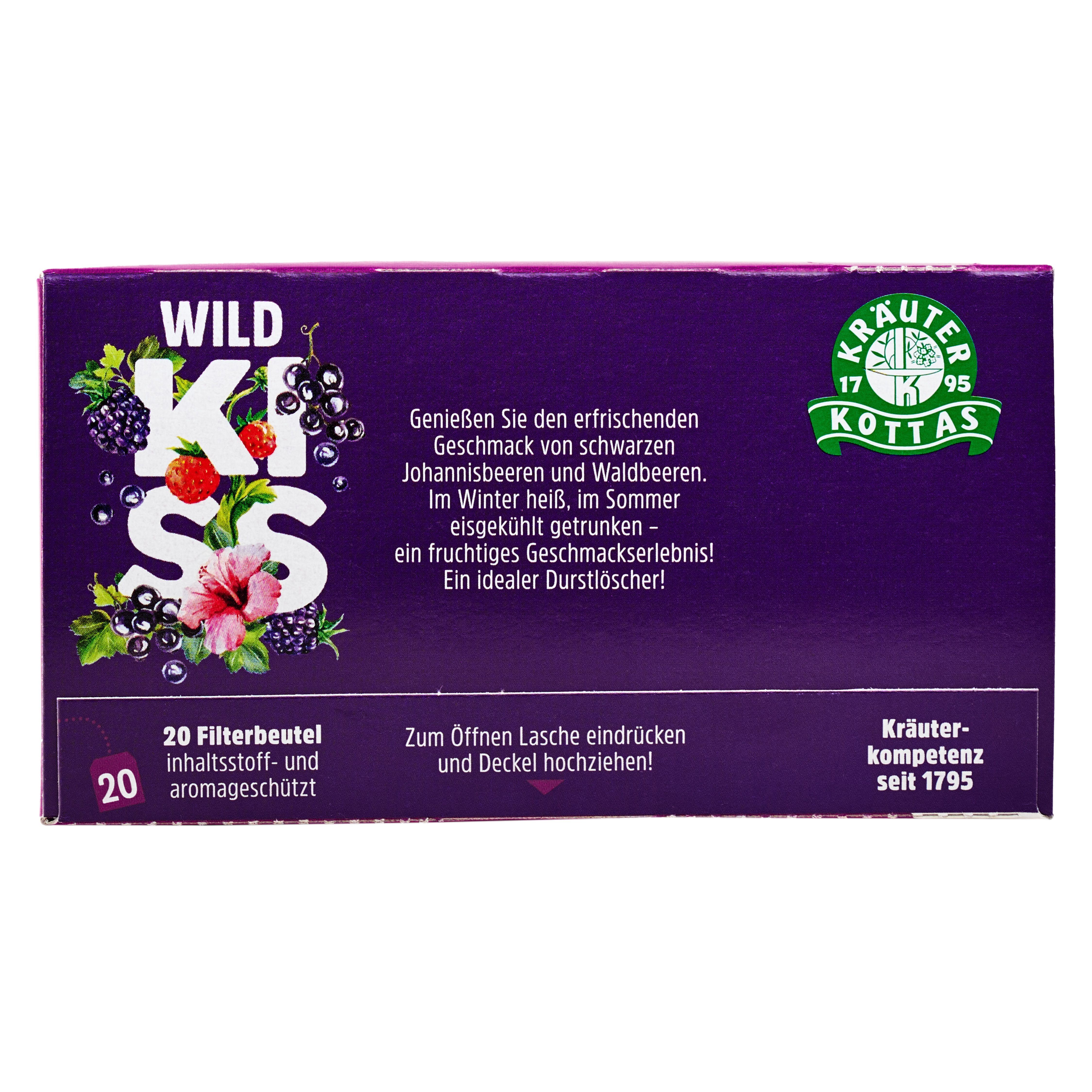 Rückseite der DR. KOTTAS Wild Kiss Früchtetee-Packung mit 20 Teebeuteln.