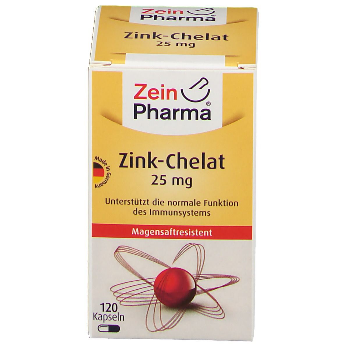 Produktverpackung mit Karton. Aufschrift: Zein Pharma Zink-Chelat 25 mg. 120 Kapseln. Unterstützt die normale Funktion des Immunsystems.