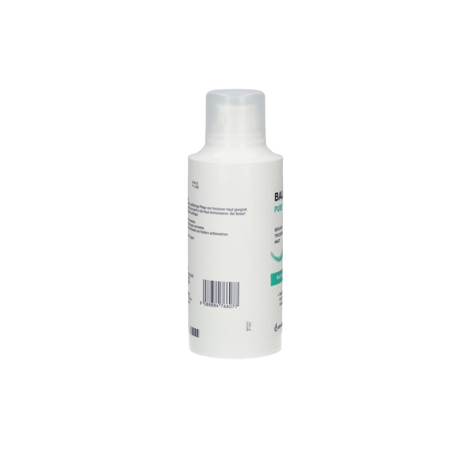 Weiße Flasche, Seitenansicht. Etikett mit Text und Barcode. Deckel oben.