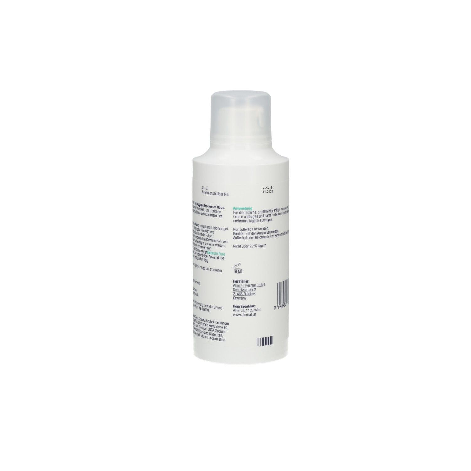 Weiße Flasche, Seitenansicht. Etikett mit Text. Deckel oben.