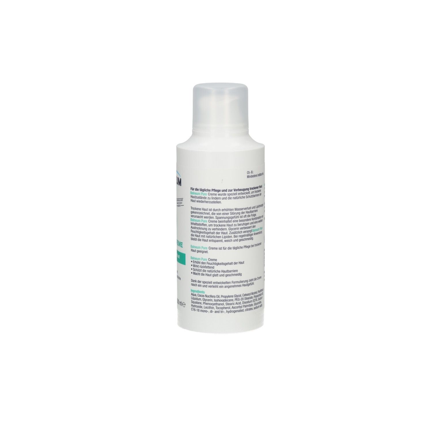 Weiße Flasche, Seitenansicht. Etikett mit Text. Deckel oben.