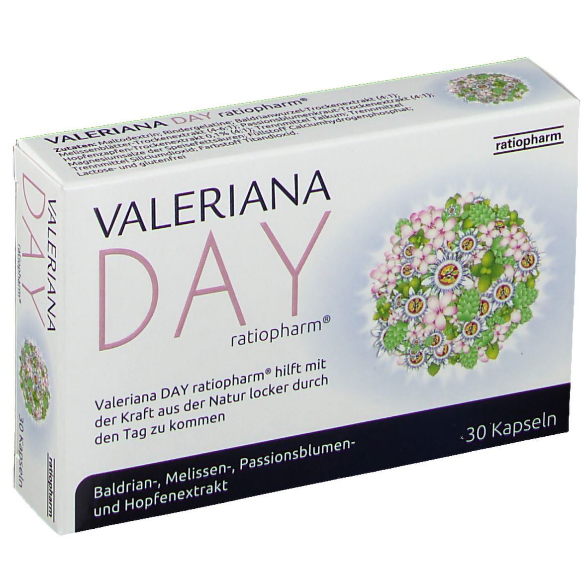Weißer Karton mit VALERIANA DAY ratiopharm®. Aufdruck: 30 Kapseln, floraler Kreis. Text: Baldrian-, Melissen-, Passionsblumen- und Hopfenextrakt.