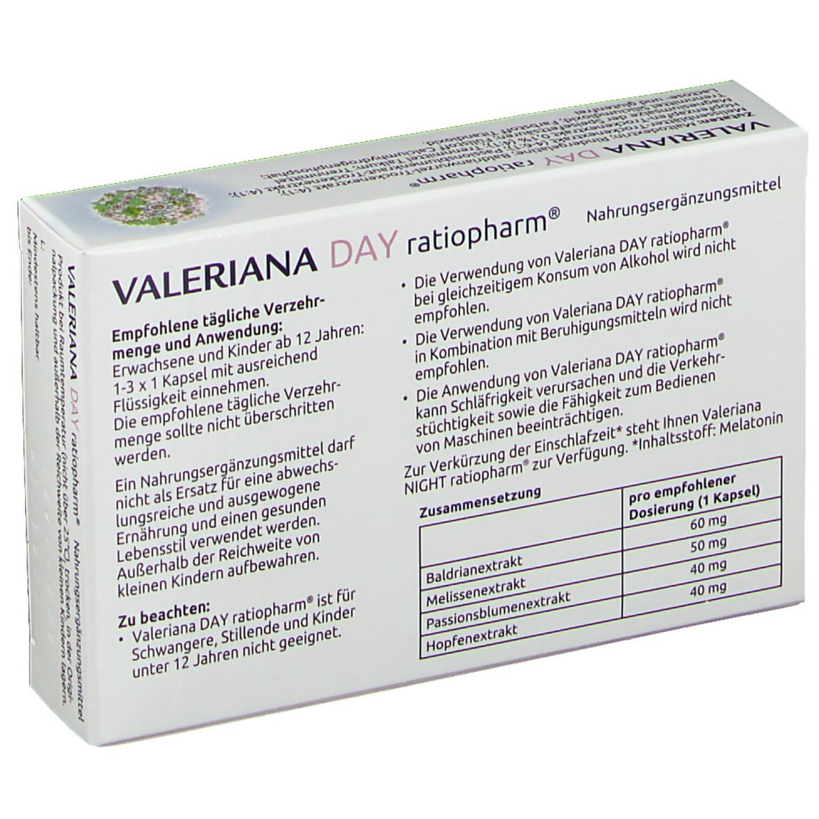 Rückseite der weißen VALERIANA DAY ratiopharm®-Verpackung. Text: Dosierung, Inhaltsstoffe, Warnhinweise. Aufdruck: Nahrungsergänzungsmittel.
