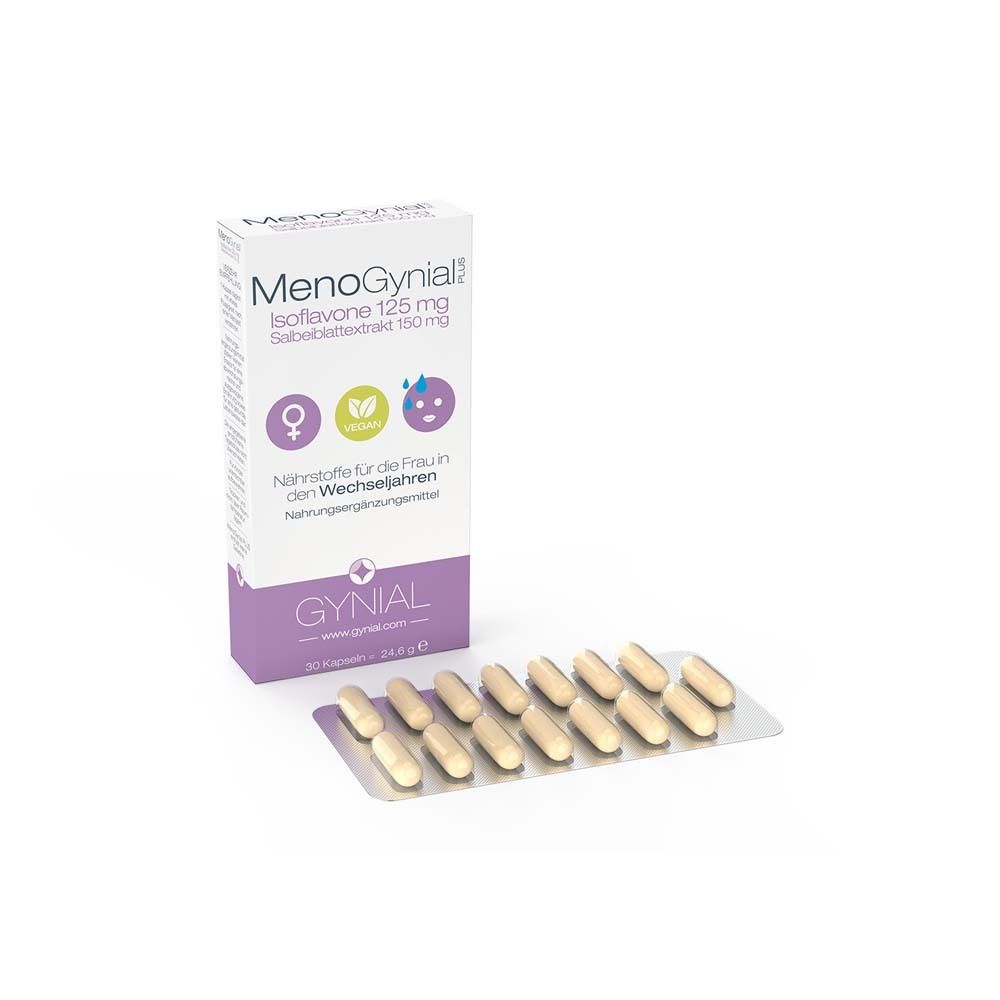 MenoGynial PLUS-Verpackung und Blisterpackung mit Kapseln. Aufschrift: Isoflavone 125 mg, Salbeiextrakt 150 mg. Vegan-Symbol.