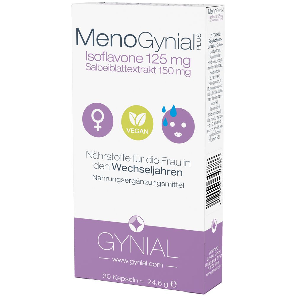 MenoGynial PLUS-Verpackung. Enthält Isoflavone 125 mg und Salbeiblattextrakt 150 mg. Vegan. 30 Kapseln.
