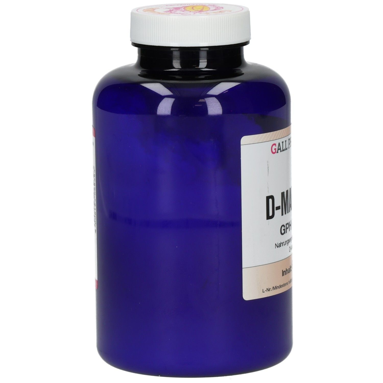 Blaue Flasche mit weißem Deckel. Etikett mit D-Mannose GPH Pulver. Marke Gall Pharma.