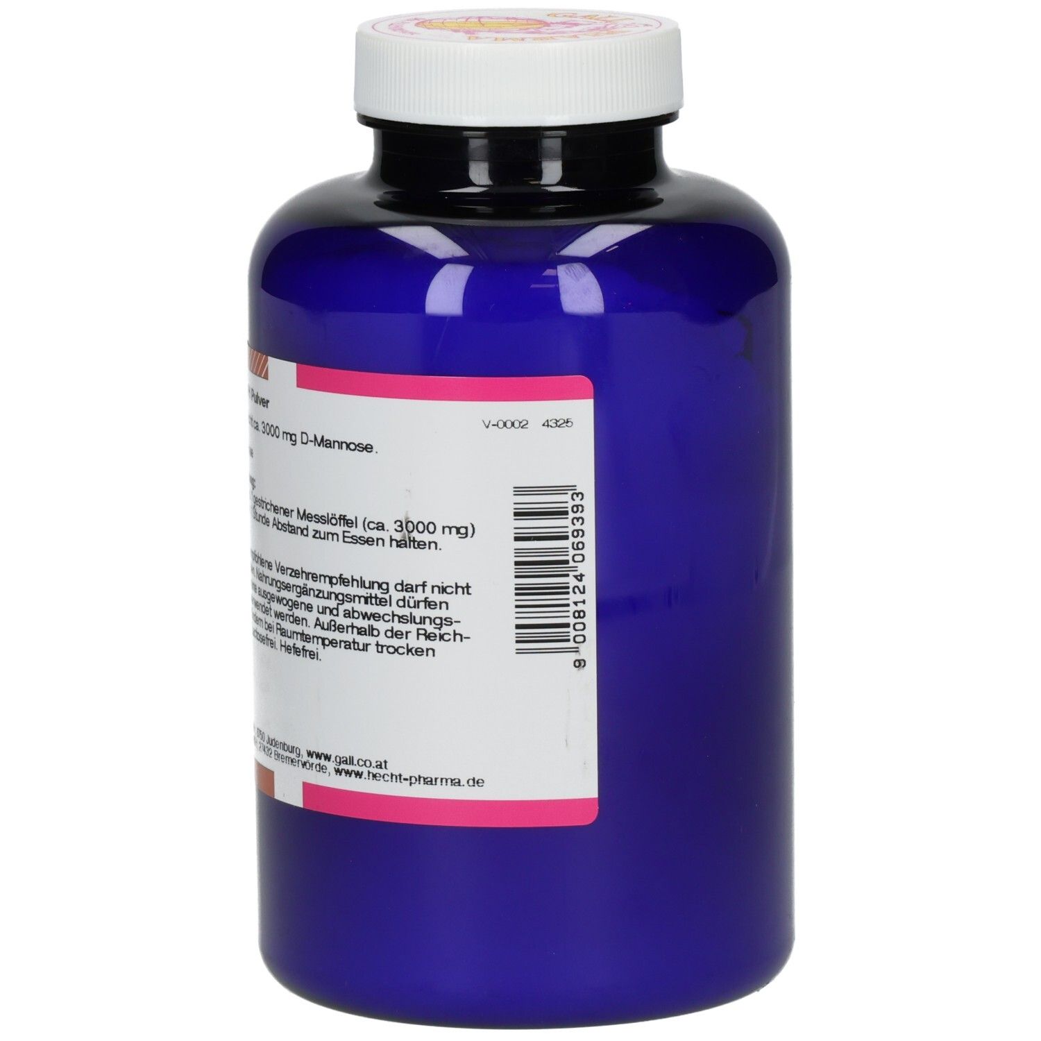 Blaue Flasche mit weißem Deckel. Rückseite mit Produktinformationen. Marke Gall Pharma.