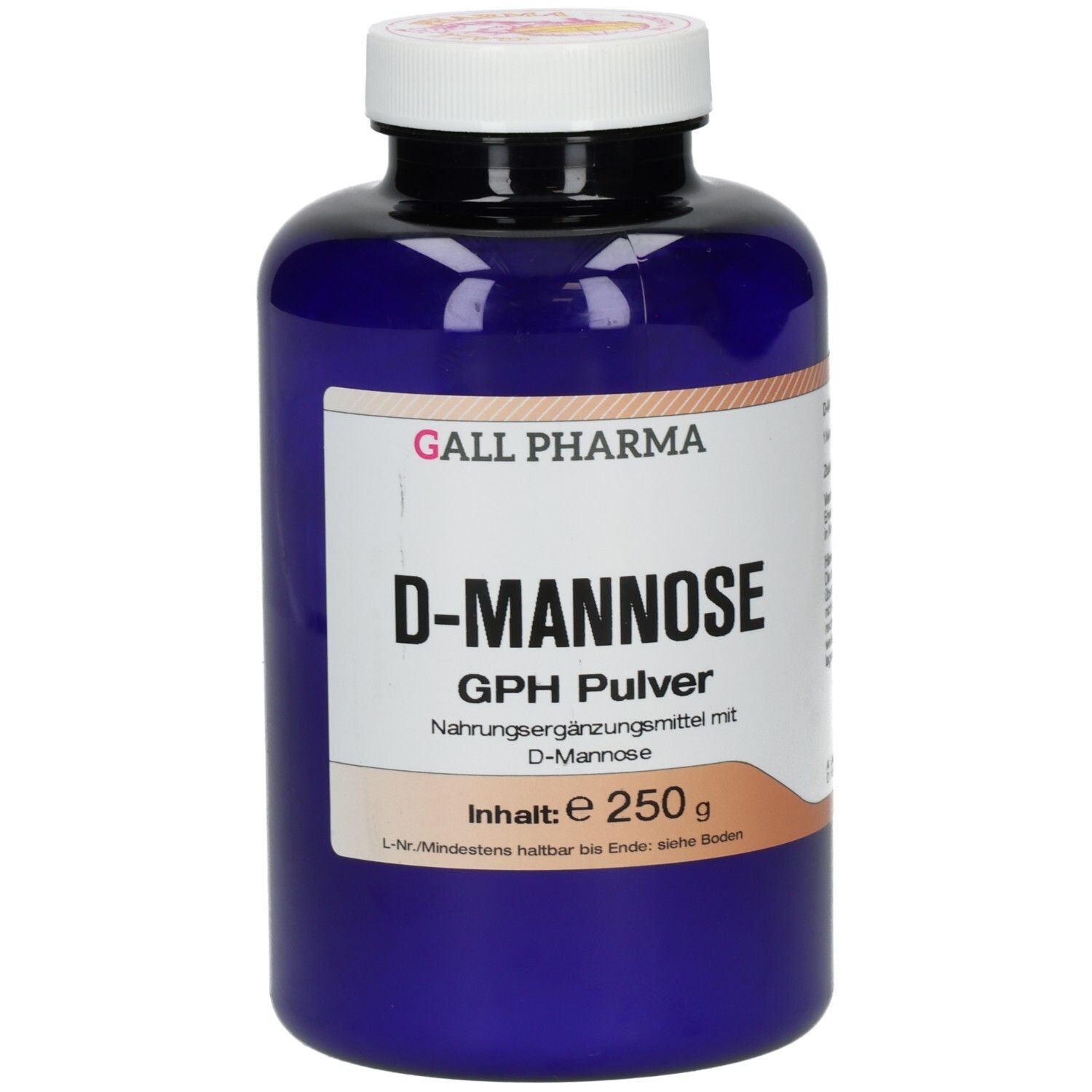 Blaue Flasche mit weißem Deckel. Etikett mit D-Mannose GPH Pulver. Inhalt: e 250 g.