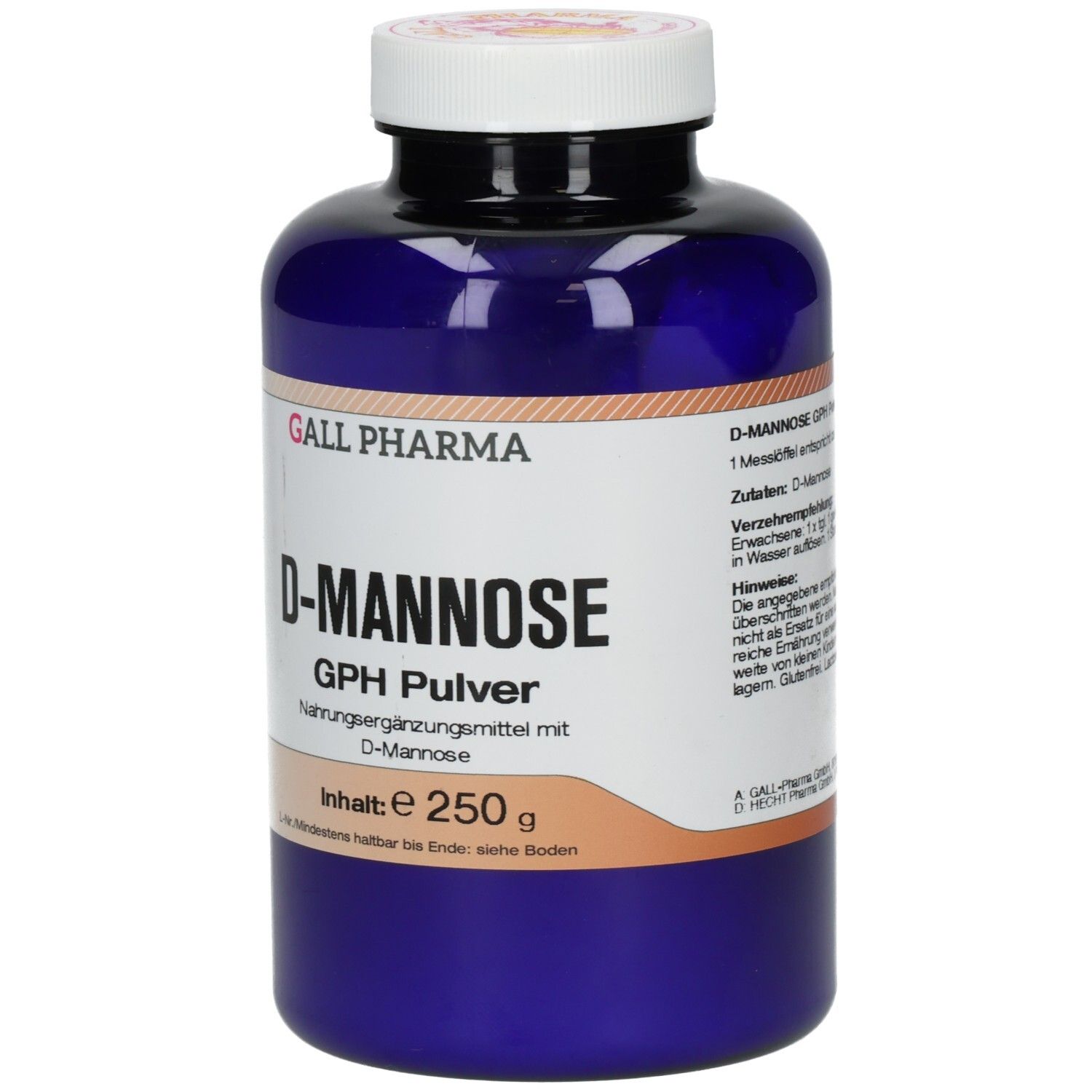 Blaue Flasche mit weißem Deckel. Etikett mit D-Mannose GPH Pulver. Inhalt: e 250 g.
