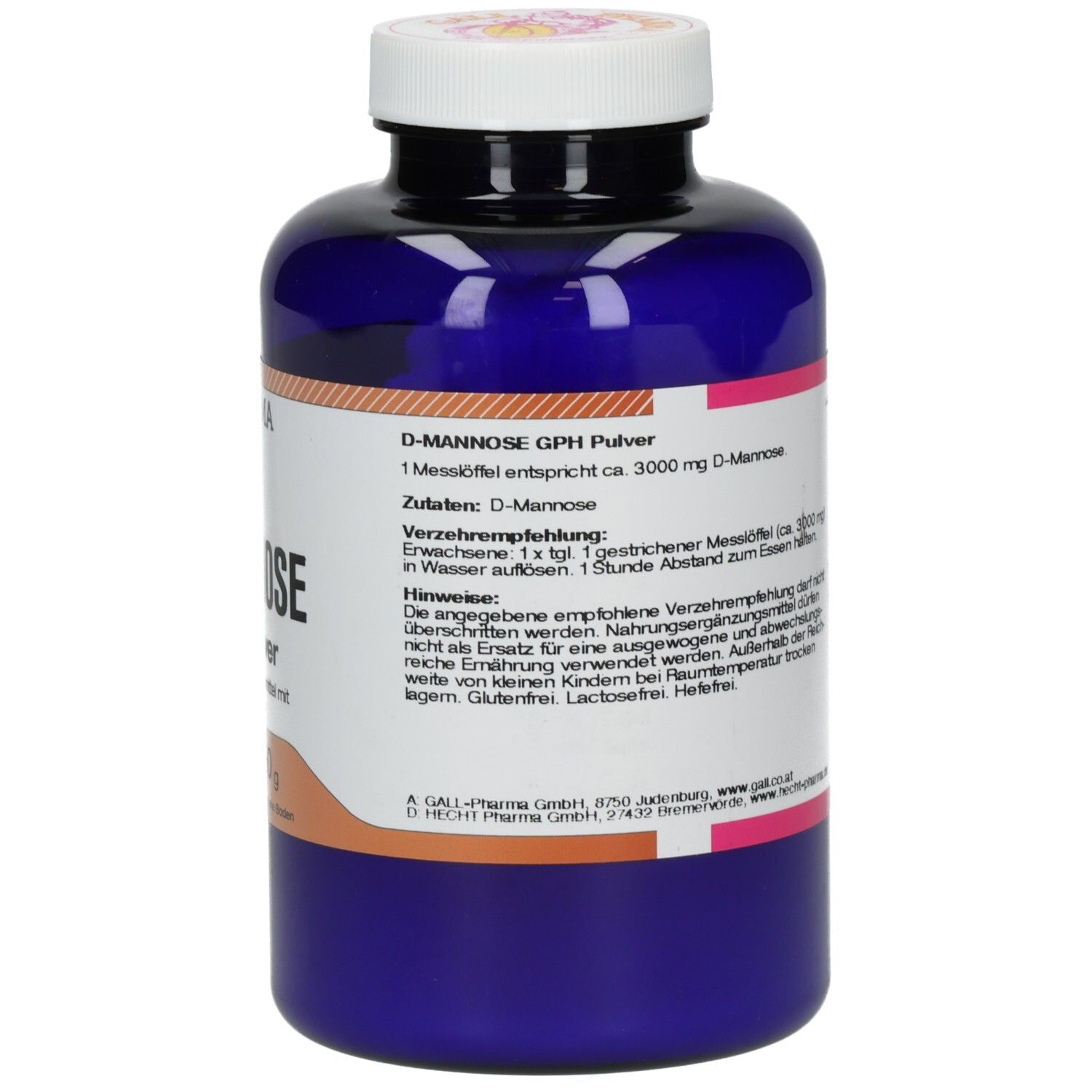 Blaue Flasche mit weißem Deckel. Rückseite mit Produktinformationen. Marke Gall Pharma.