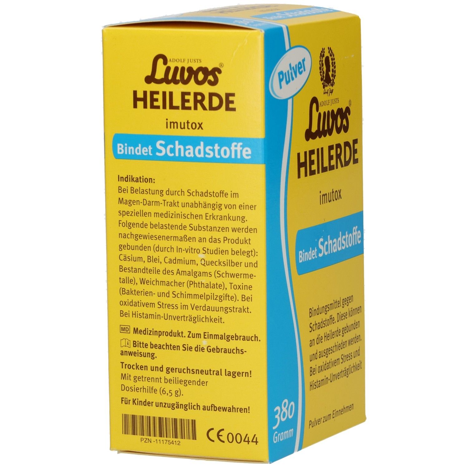 Gelbe Schachtel mit Luvos Heilerde imutox. Text: Bindet Schadstoffe. Rückseite mit Informationen.