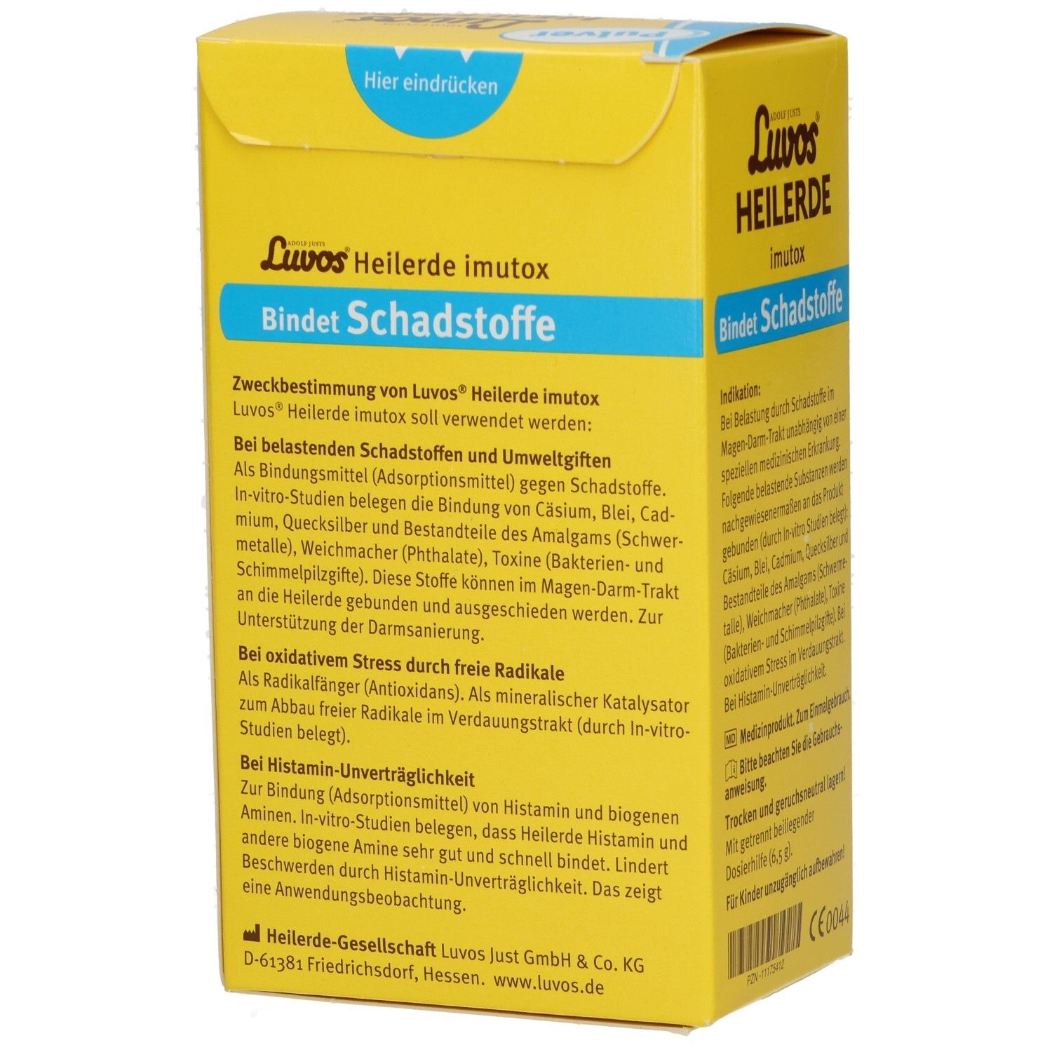 Gelbe Schachtel mit Luvos Heilerde imutox. Text: Bindet Schadstoffe. Detailansicht der Rückseite.