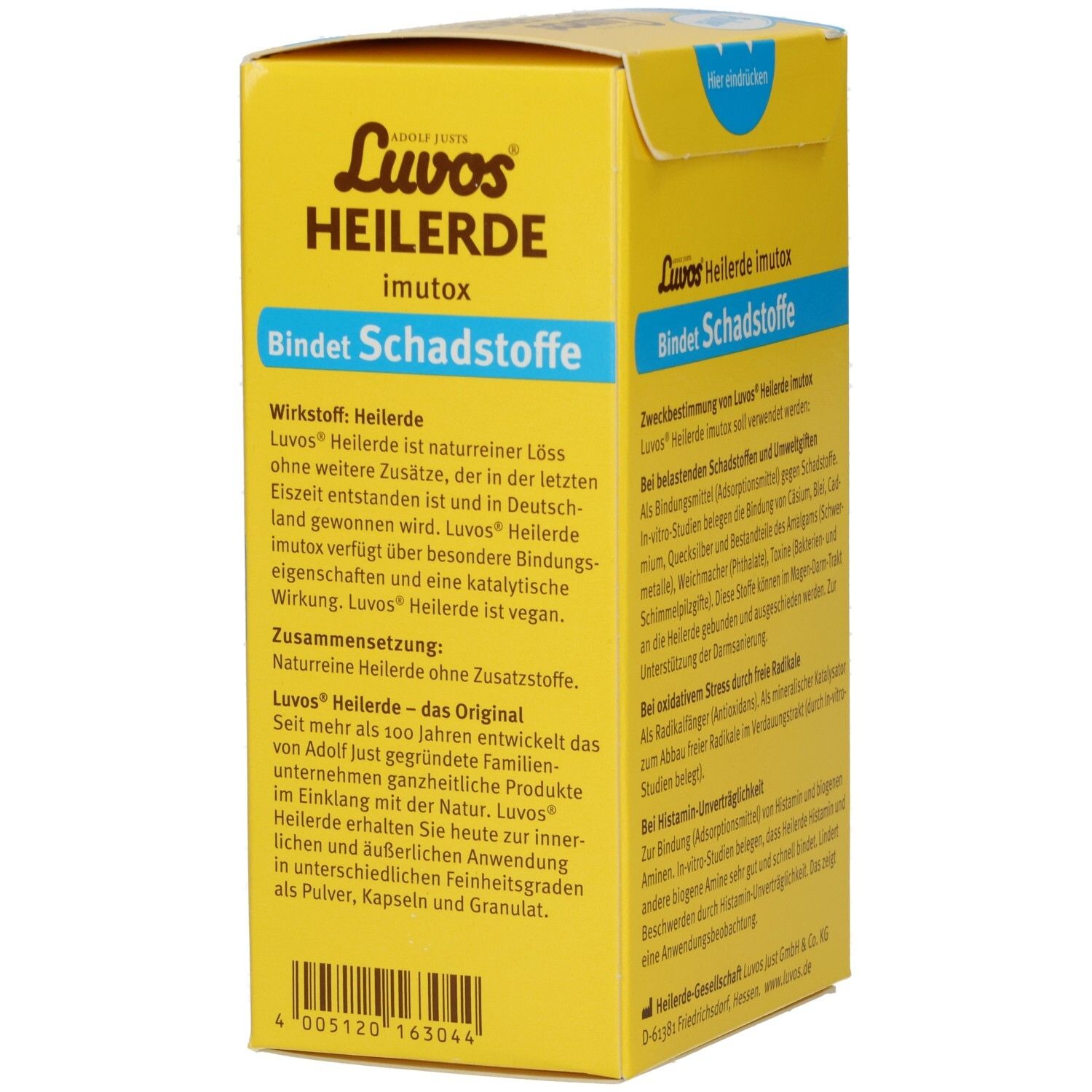 Gelbe Schachtel mit Luvos Heilerde imutox. Text: Bindet Schadstoffe. Detailansicht der Seite.