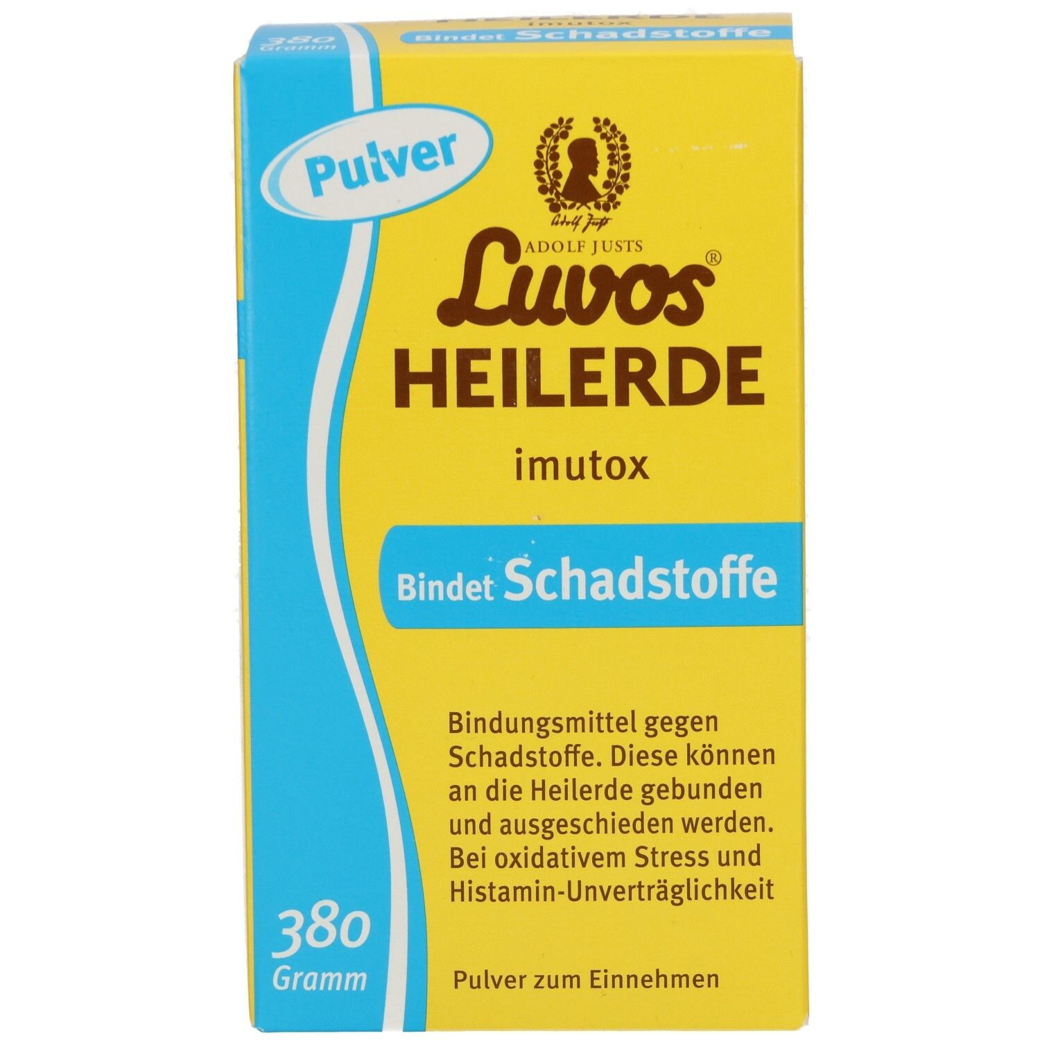 Gelbe Schachtel mit Luvos Heilerde imutox. Text: Bindet Schadstoffe. 380 Gramm. Pulver.