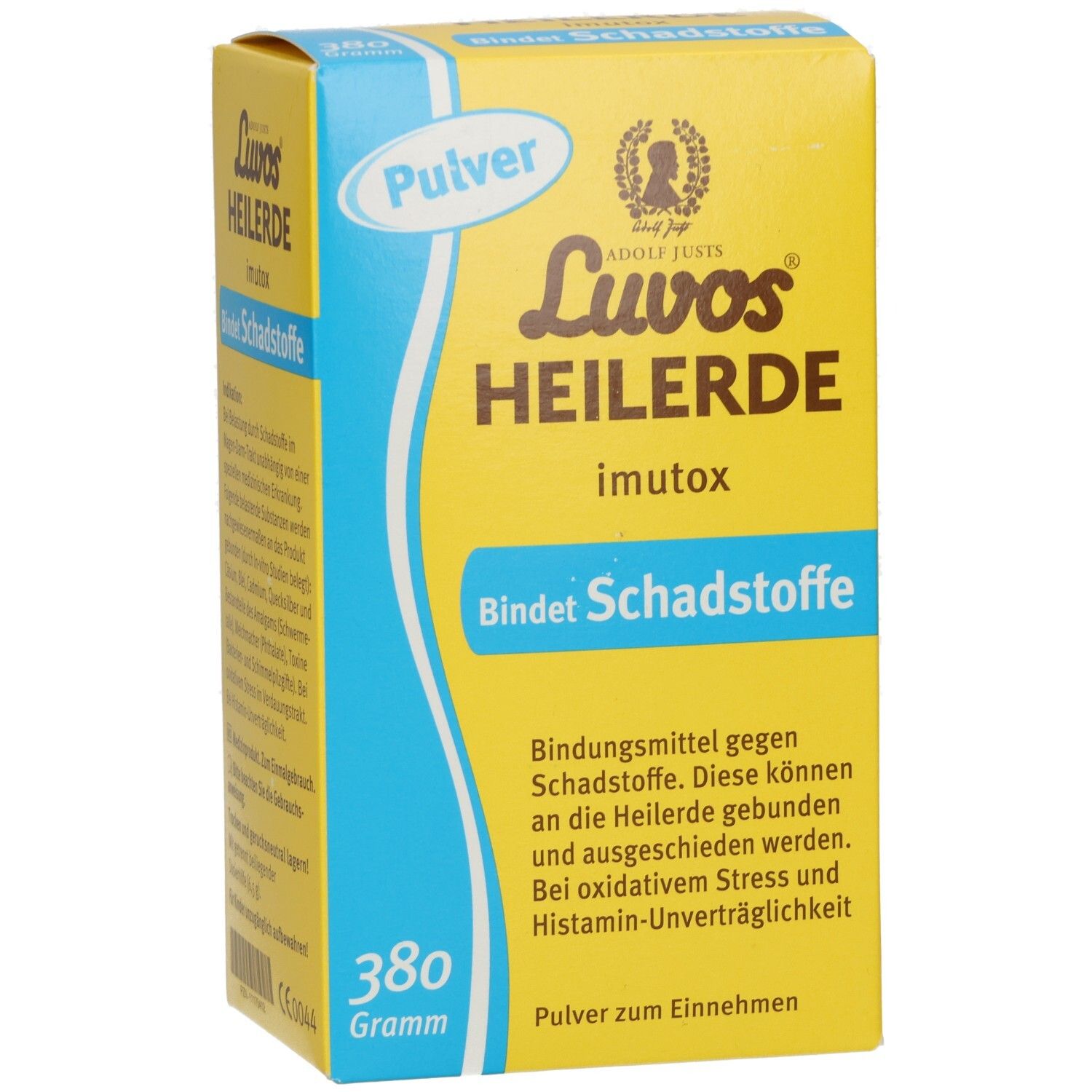 Gelbe Schachtel mit Luvos Heilerde imutox. Text: Bindet Schadstoffe. 380 Gramm. Pulver.