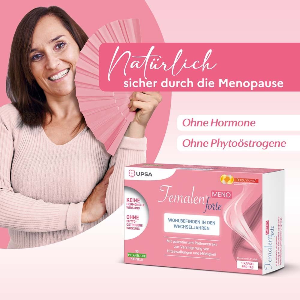 Frau mit Fächer und Femalen® forte MENO-Packung. Text: Natürlich sicher durch die Menopause. Ohne Hormone, ohne Phytoöstrogene.