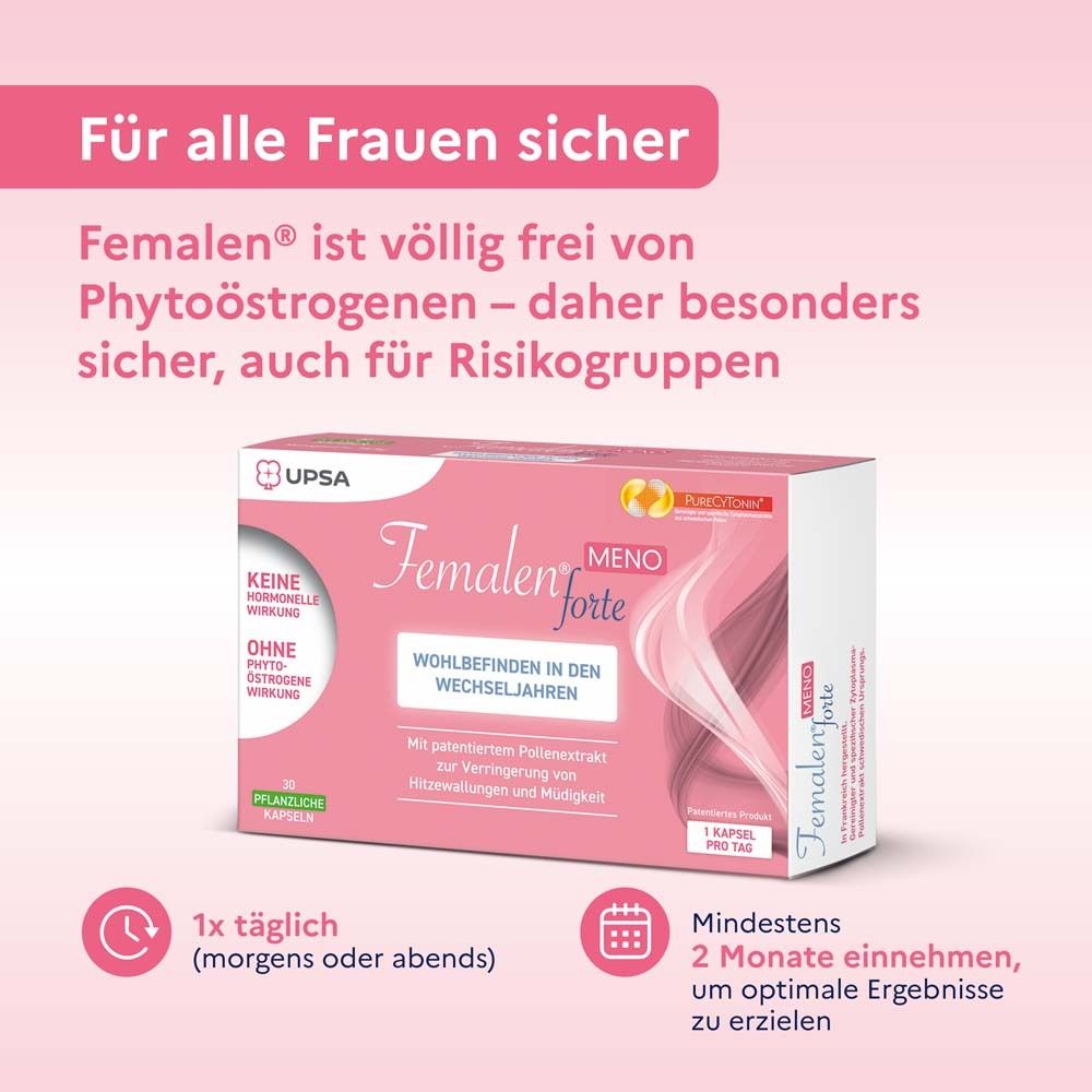 Femalen® forte MENO-Packung. Text: Sicher für alle Frauen. 1x täglich, mindestens 2 Monate einnehmen. Ohne Hormone, Phytoöstrogene.