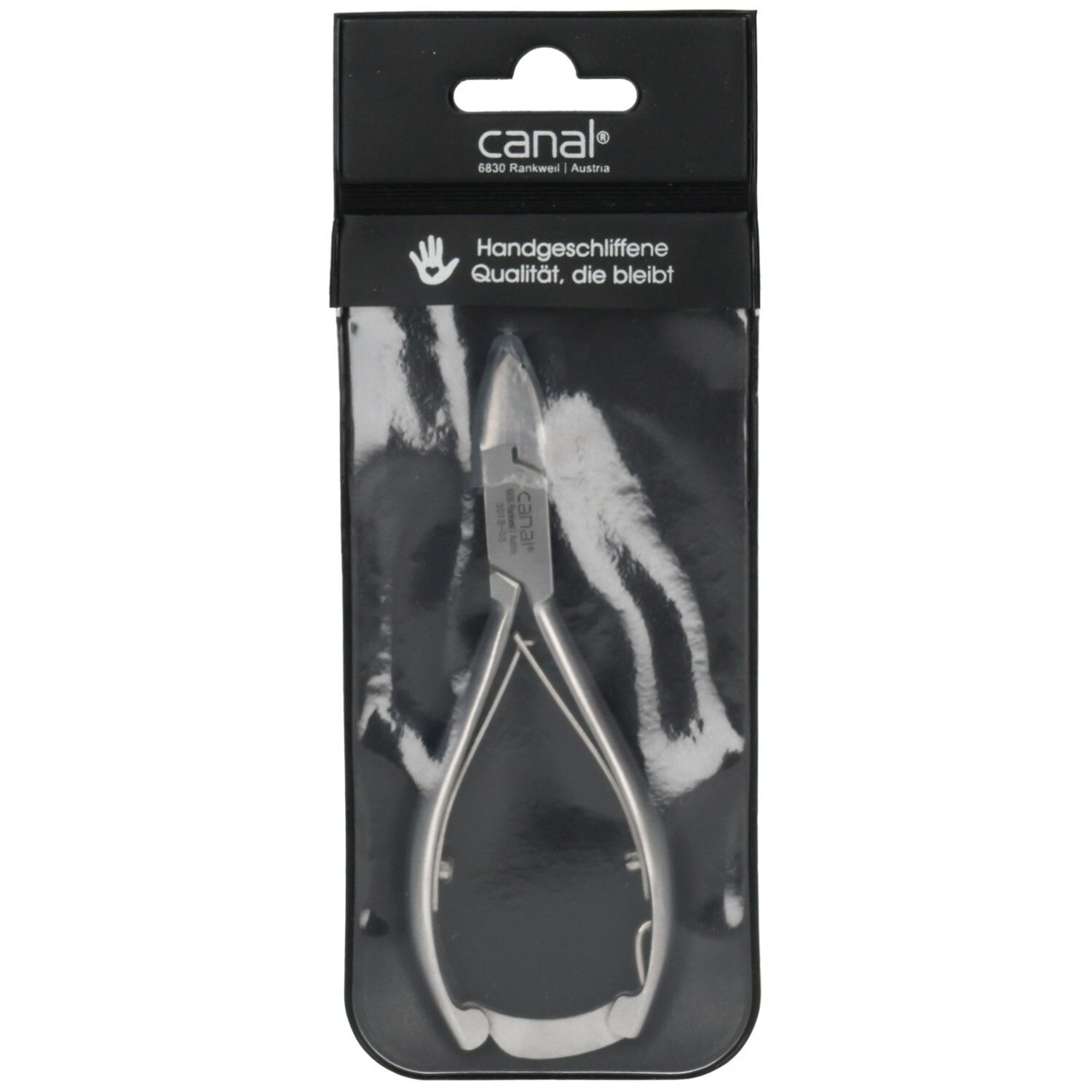 Canal Nagelzange aus Metall in schwarzer Verpackung mit Aufdruck.
