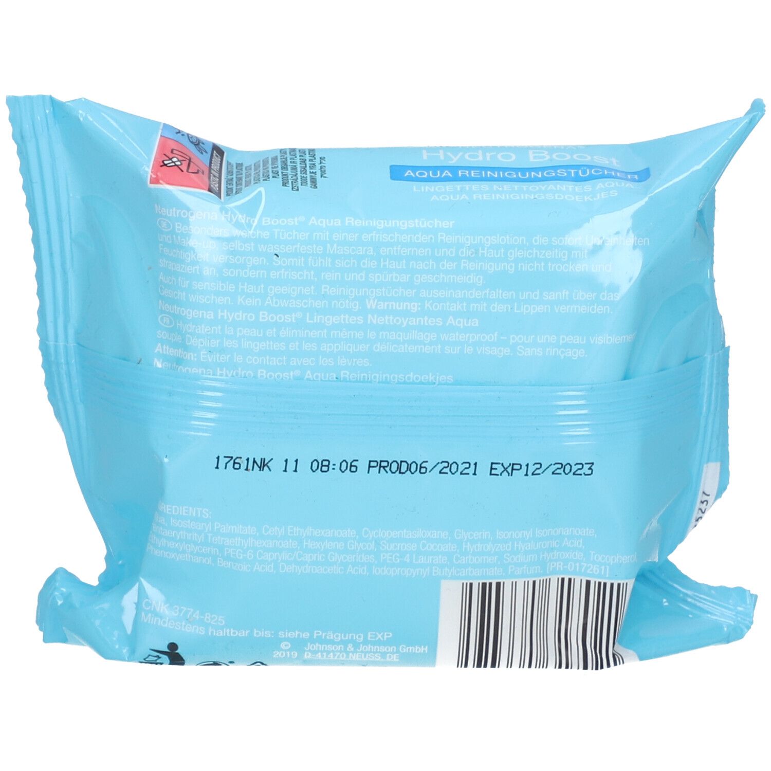 Rückseite der blauen Verpackung mit Text und Barcode. Text: Hydro Boost AQUA Reinigungstücher. Haltbarkeitsdatum.