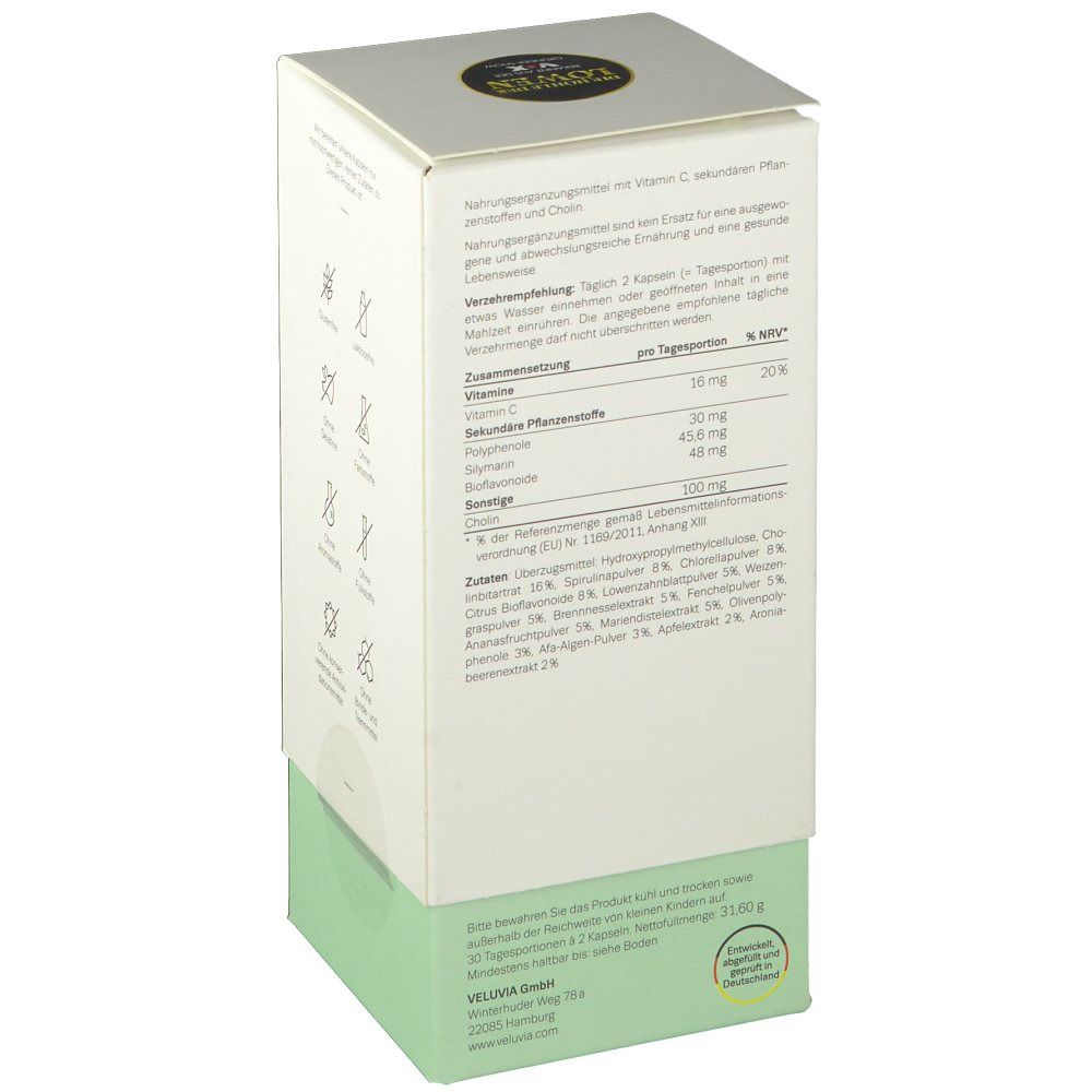 Weiße Produktverpackung mit grüner Basis. Text mit Nährwertangaben und Inhaltsstoffen. Oben ein goldfarbenes Logo.