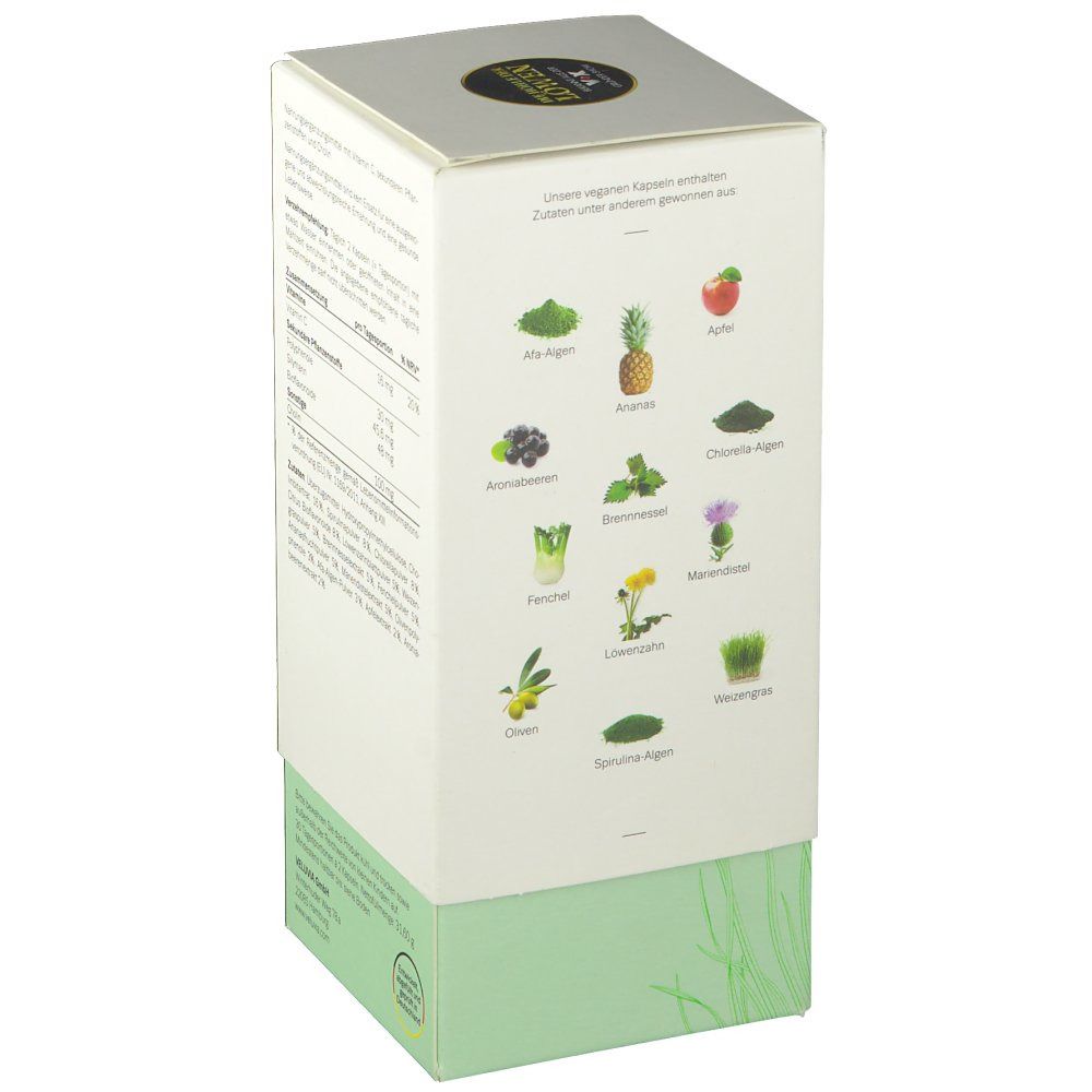 Weiße Produktverpackung mit grüner Basis. Illustrationen von Zutaten. Oben ein goldfarbenes Logo. Text mit Nährwertangaben.