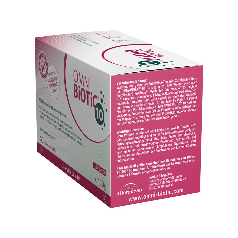 Rückseite OMNI-BiOTiC® 10 Karton mit Anwendungshinweisen und wichtigen Hinweisen. Enthält 30 Portionsbeutel.