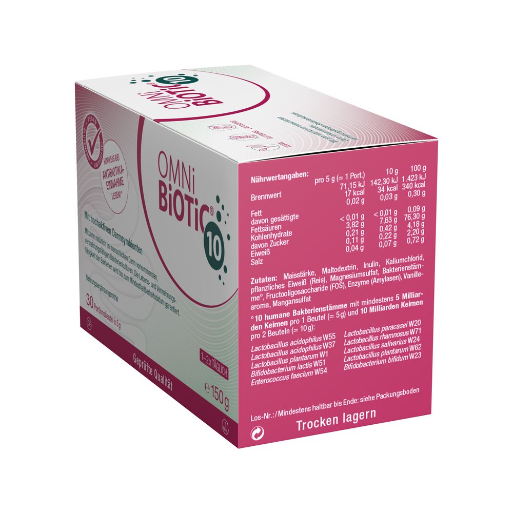 Seitenansicht OMNI-BiOTiC® 10 Karton mit Nährwertangaben und Zutatenliste. 30 Portionsbeutel à 5g.