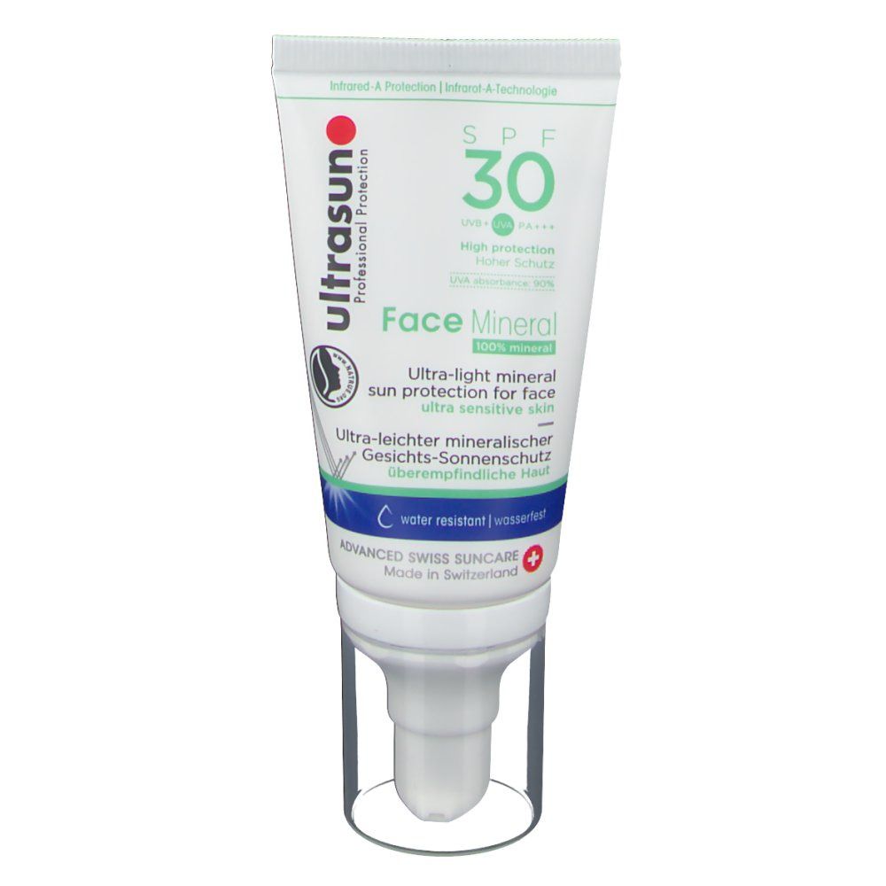 Tube mit Sonnenschutzmittel. Aufschrift: ultrasun Face Mineral SPF 30. Für empfindliche Haut. Wasserfest.