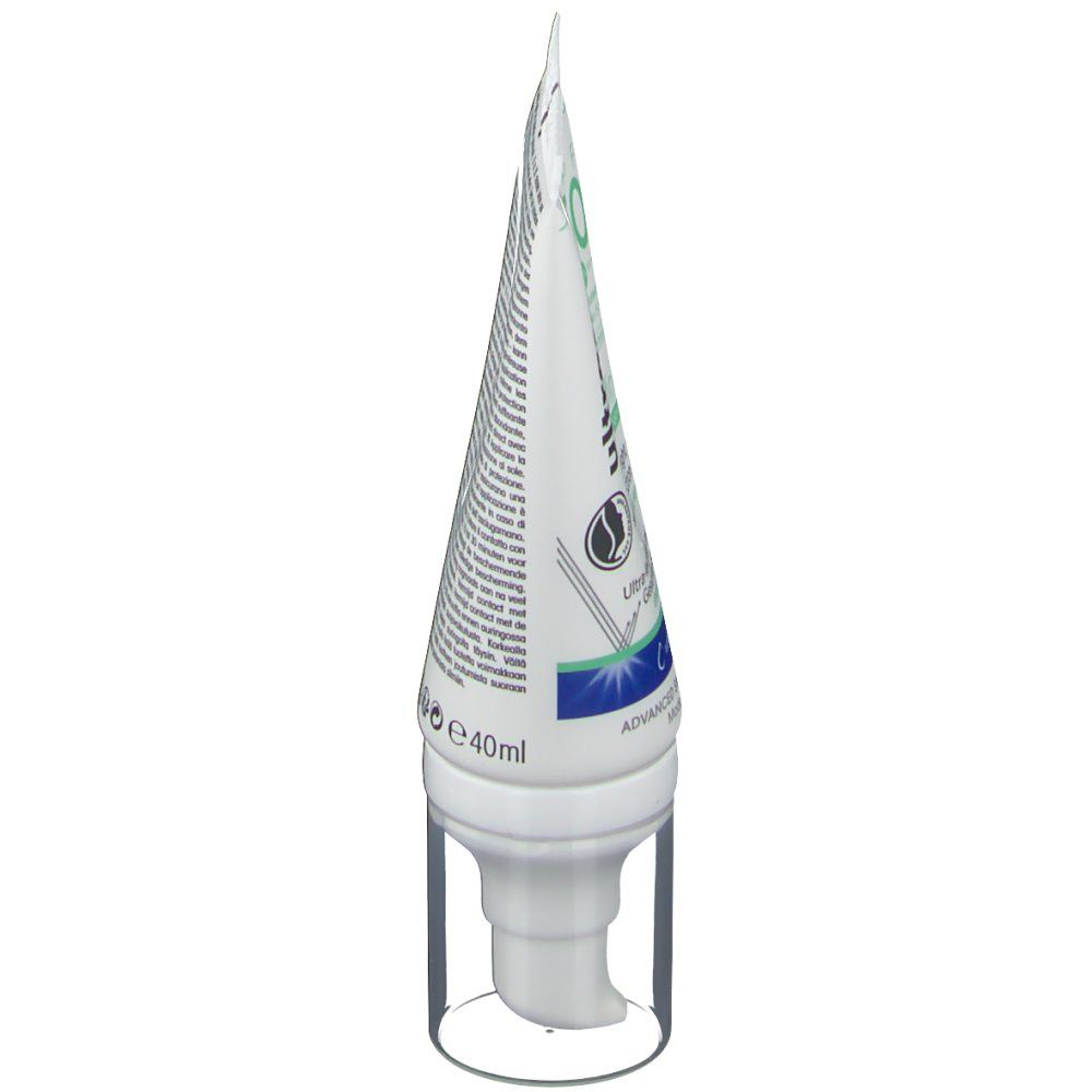 Seitenansicht des Sonnenschutzmittel-Tubes. Aufschrift: e40ml. Abgerundete Form.