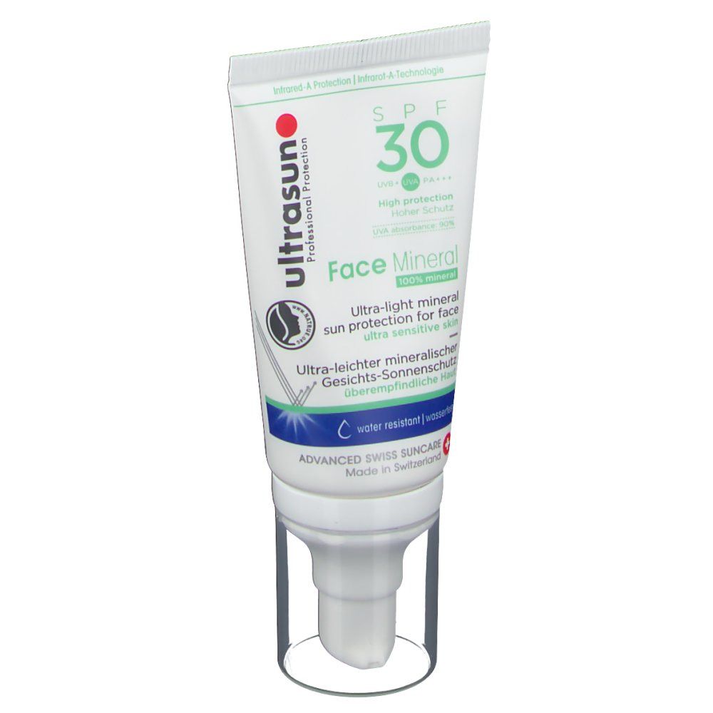 Sonnenschutzmittel-Tube. Aufschrift: ultrasun Face Mineral SPF 30. Für empfindliche Haut. Made in Switzerland.