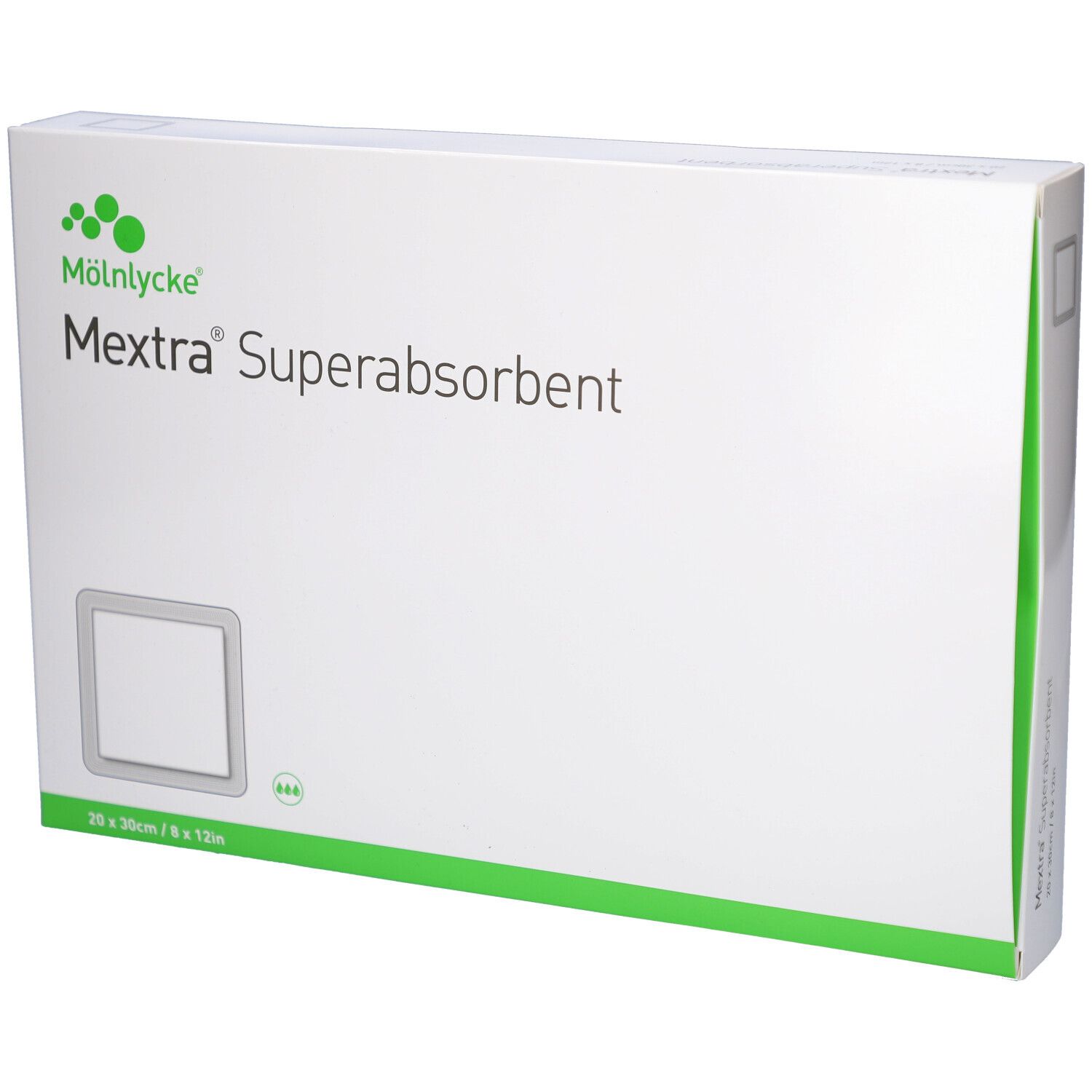 Weiße Verpackung mit grünem Akzent. Aufschrift: Mextra Superabsorbent. Quadratische Abbildung des Produkts. Maße: 20 x 30cm / 8 x 12in.
