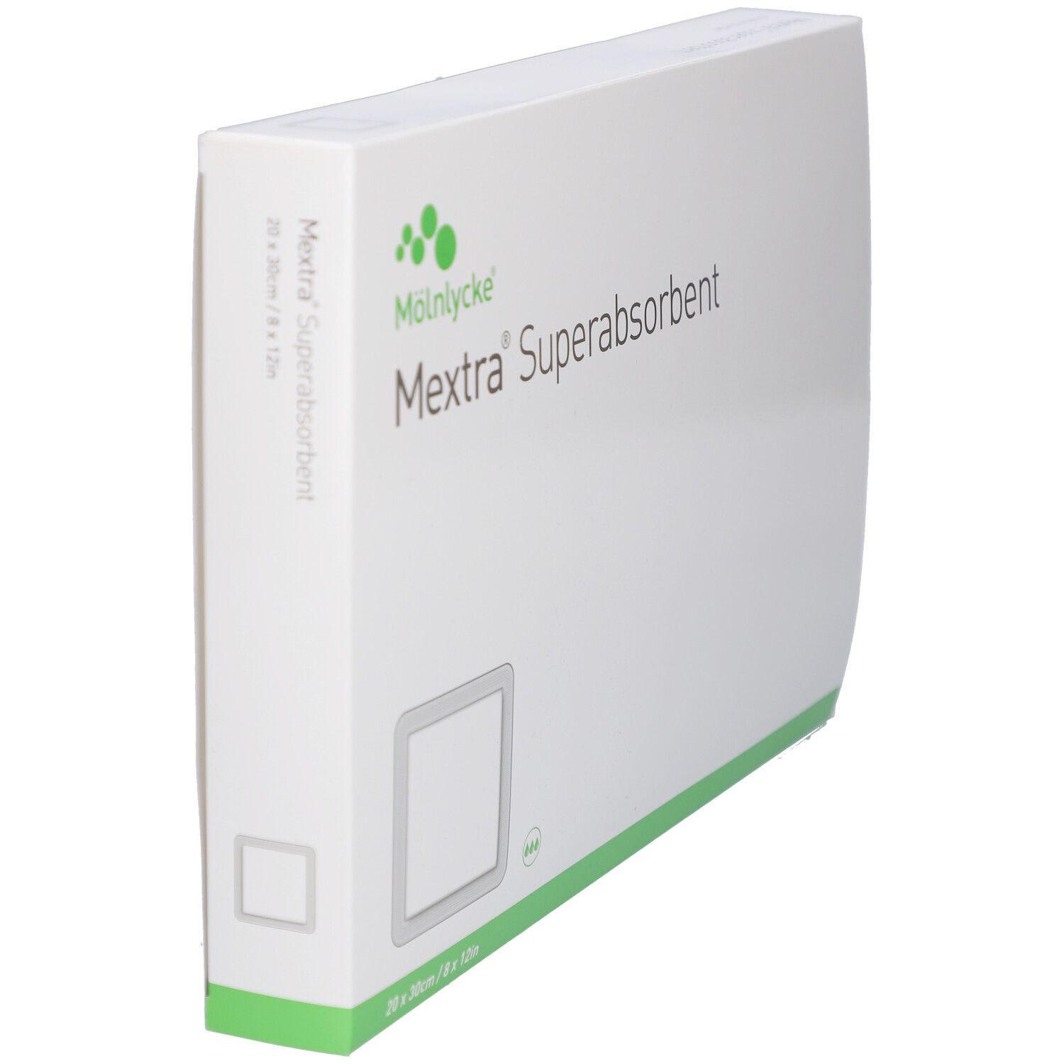 Weiße Verpackung mit grünem Akzent. Aufschrift: Mextra Superabsorbent. Quadratische Abbildung des Produkts. Maße: 20 x 30cm / 8 x 12in.
