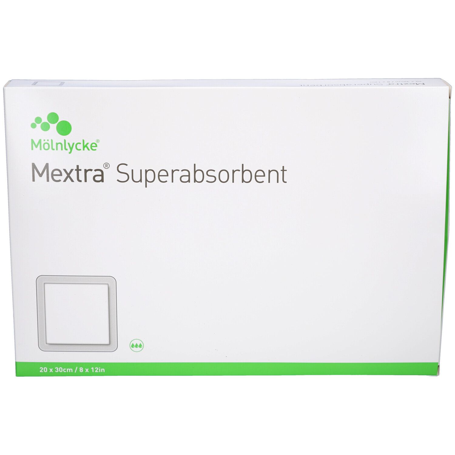 Weiße Verpackung mit grünem Akzent. Aufschrift: Mextra Superabsorbent. Quadratische Abbildung des Produkts. Maße: 20 x 30cm / 8 x 12in.