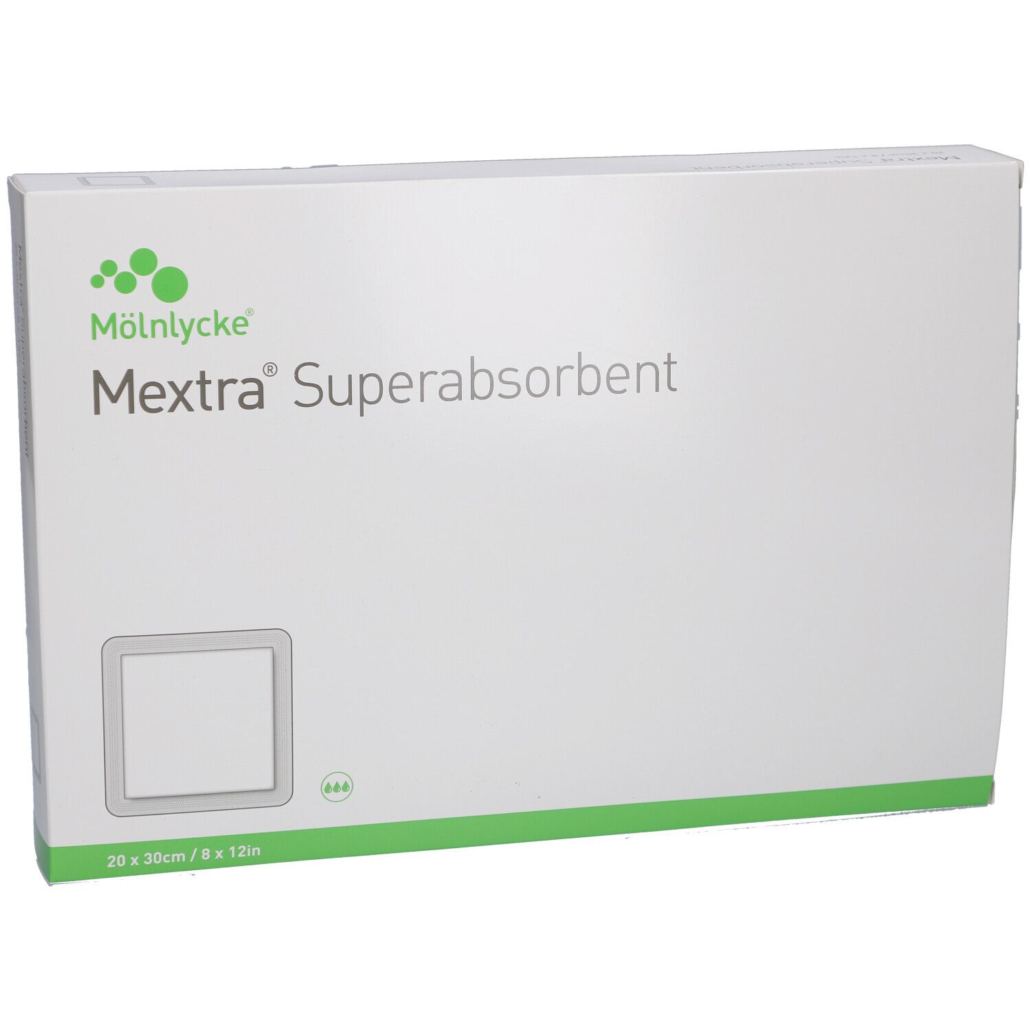 Weiße Verpackung mit grünem Akzent. Aufschrift: Mextra Superabsorbent. Quadratische Abbildung des Produkts. Maße: 20 x 30cm / 8 x 12in.