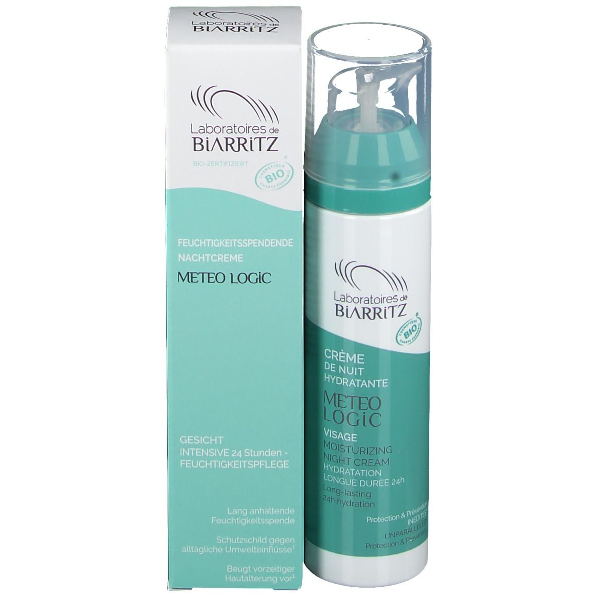 Creme-Spenderflasche und Schachtel. Aufschrift: Laboratoires de BIARRITZ, METEO LOGIC, Nachtcreme, BIO. Schachtel: Feuchtigkeitspflege.