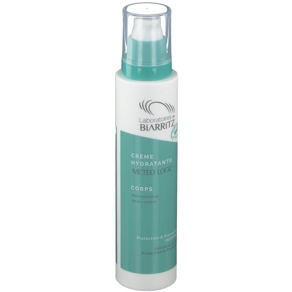 Weiß-türkisfarbene Flasche mit Dosierpumpe. Aufschrift: Laboratoires de Biarritz, Crème hydratante Meteo Logic, Corps.