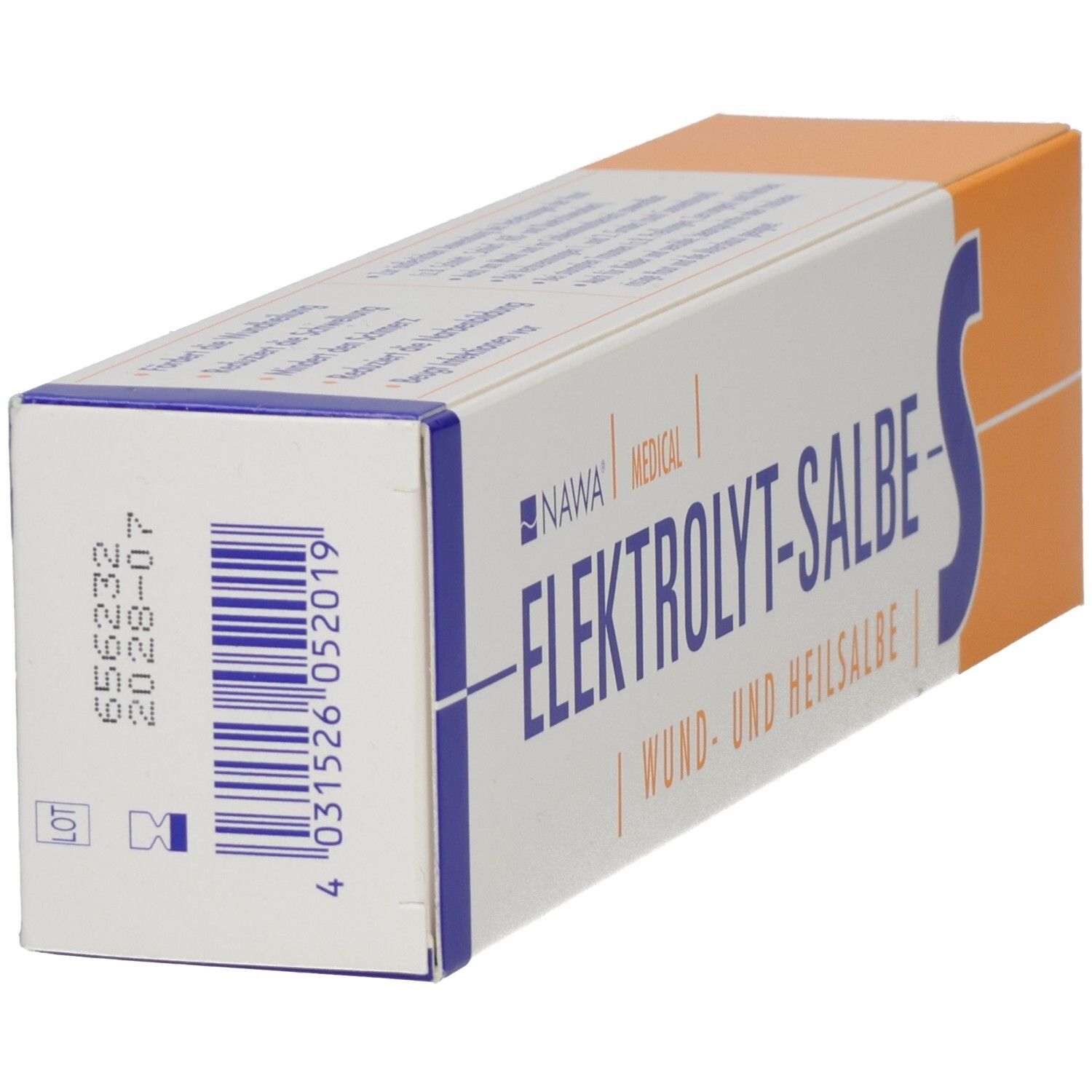 Schachtel, weiß-orange. Auf der Seite Barcode, Chargennummer und Verfallsdatum. Marke: NAWA MEDICAL, Produkt: ELEKTROLYT-SALBE-S.