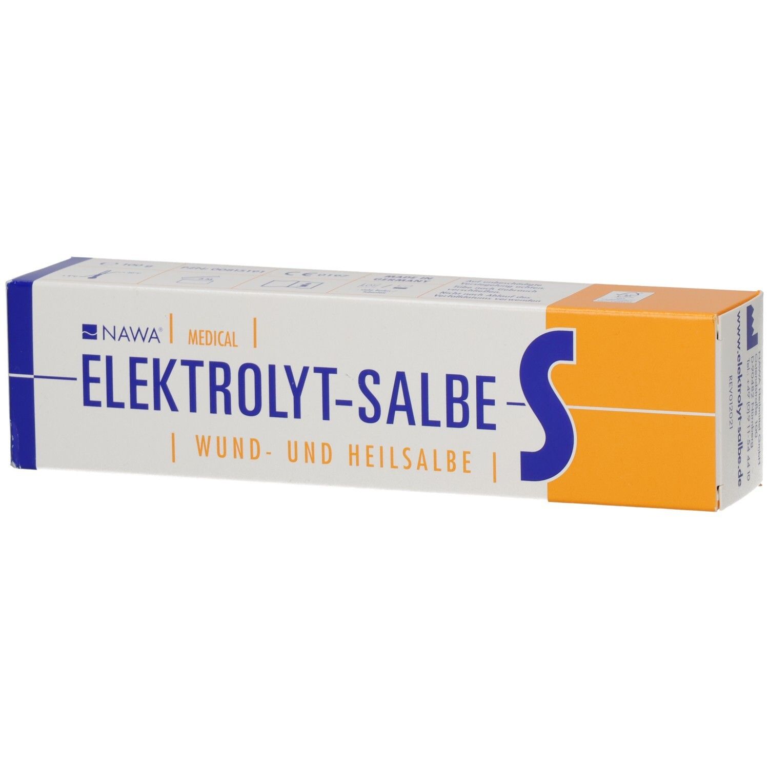 Weiß-orange Schachtel mit blauer Schrift. Aufschrift: ELEKTROLYT-SALBE-S, WUND- UND HEILSALBE. Marke: NAWA MEDICAL.