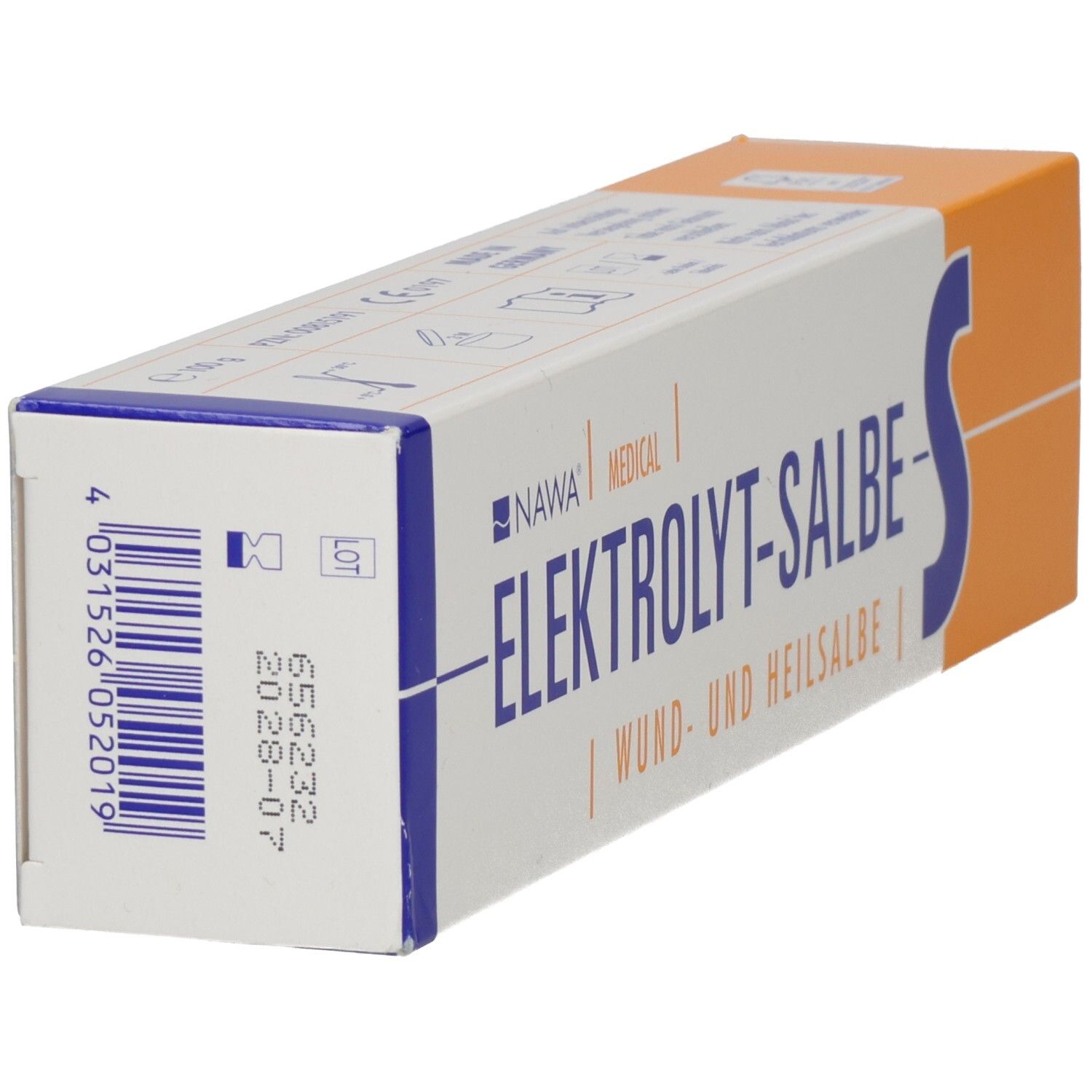 Schachtel, weiß-orange. Auf der Seite Barcode, Chargennummer und Verfallsdatum. Marke: NAWA MEDICAL, Produkt: ELEKTROLYT-SALBE-S.