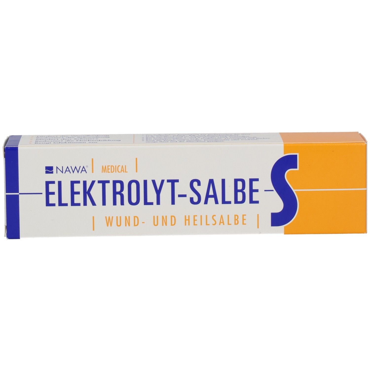 Weiß-orange Schachtel mit blauer Schrift. Aufschrift: ELEKTROLYT-SALBE-S, WUND- UND HEILSALBE. Marke: NAWA MEDICAL.